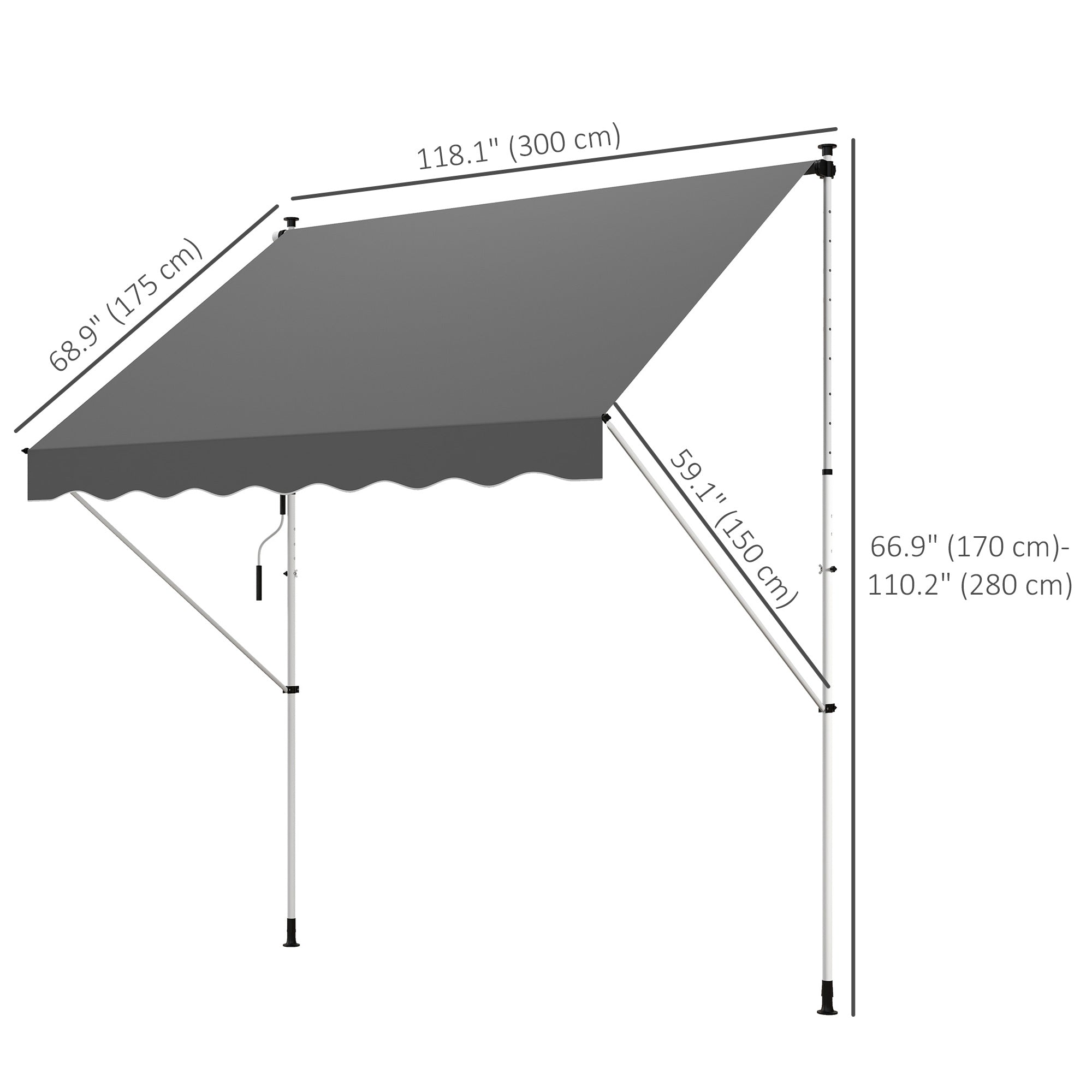 10x5ft Manual Retractable Awning, Patio Sun Shade Canopy Shelter with 5.6-9.2ft Support Pole, Water Resistant UV Protector, for Window, Door, Porch, Deck, Grey