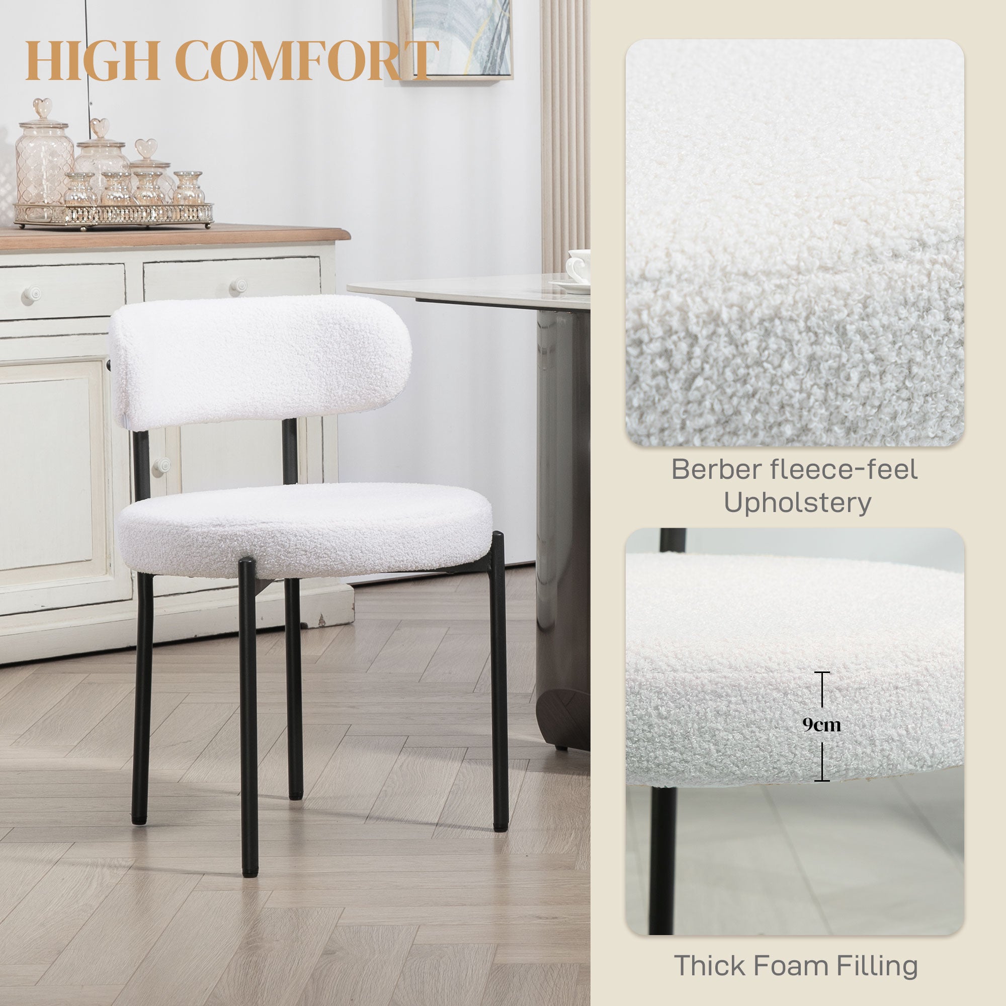 4 Pieces Kitchen Chairs, Modern Dining Chairs w/ Berber Fleece Upholstery and Steel Legs for Living Room, Cream White