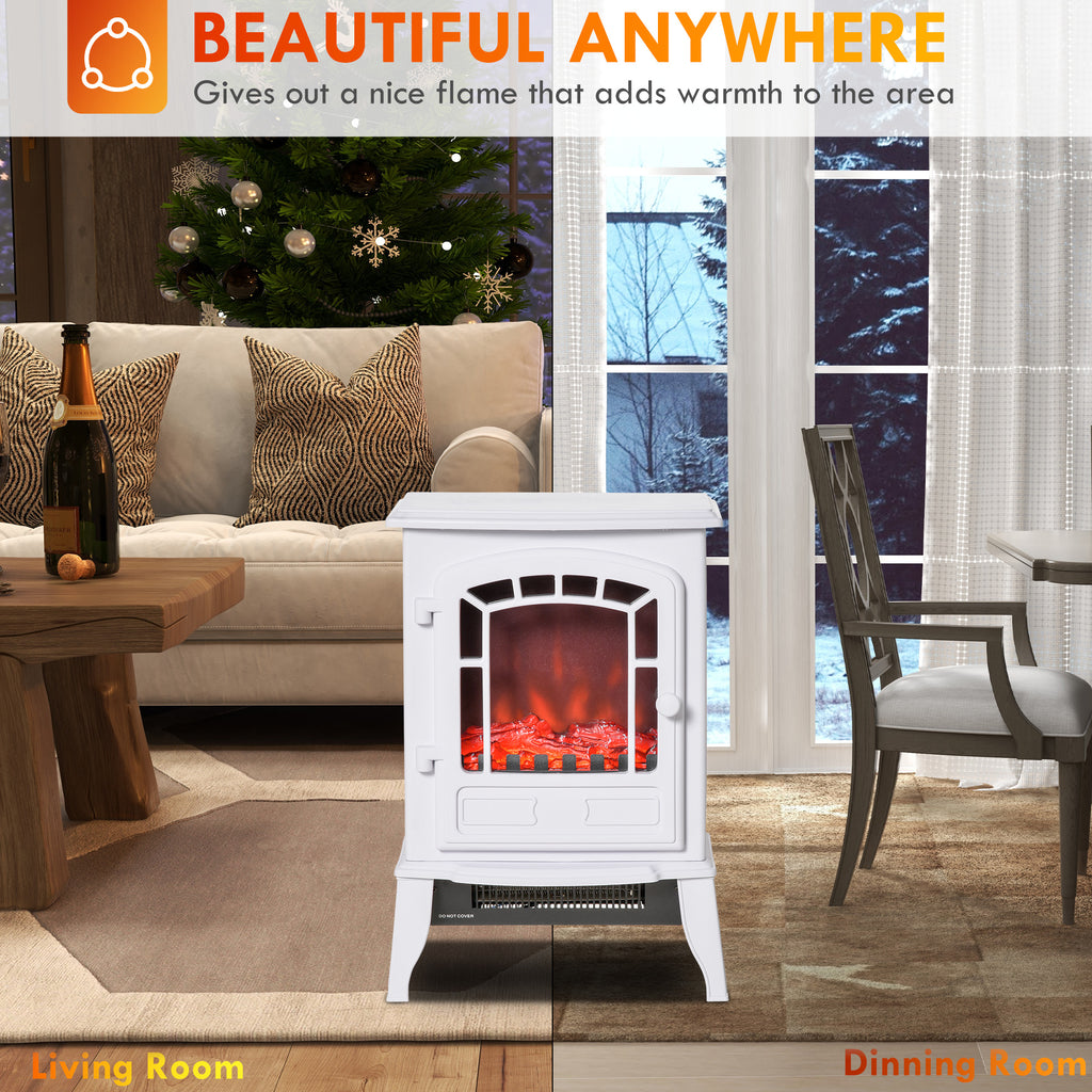 Electric Fireplace Heater, Freestanding Fireplace Stove with Realistic Flame Effect Overheat Protection 750W/1500W White