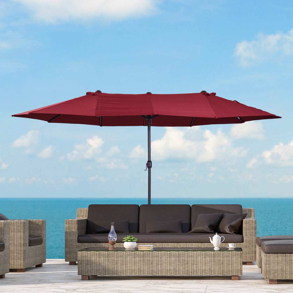 15ft Double-sided Patio Umbrella with Twin Canopy, Extra Large Outdoor Parasol with Crank for Pool, Deck, Market, Wine Red