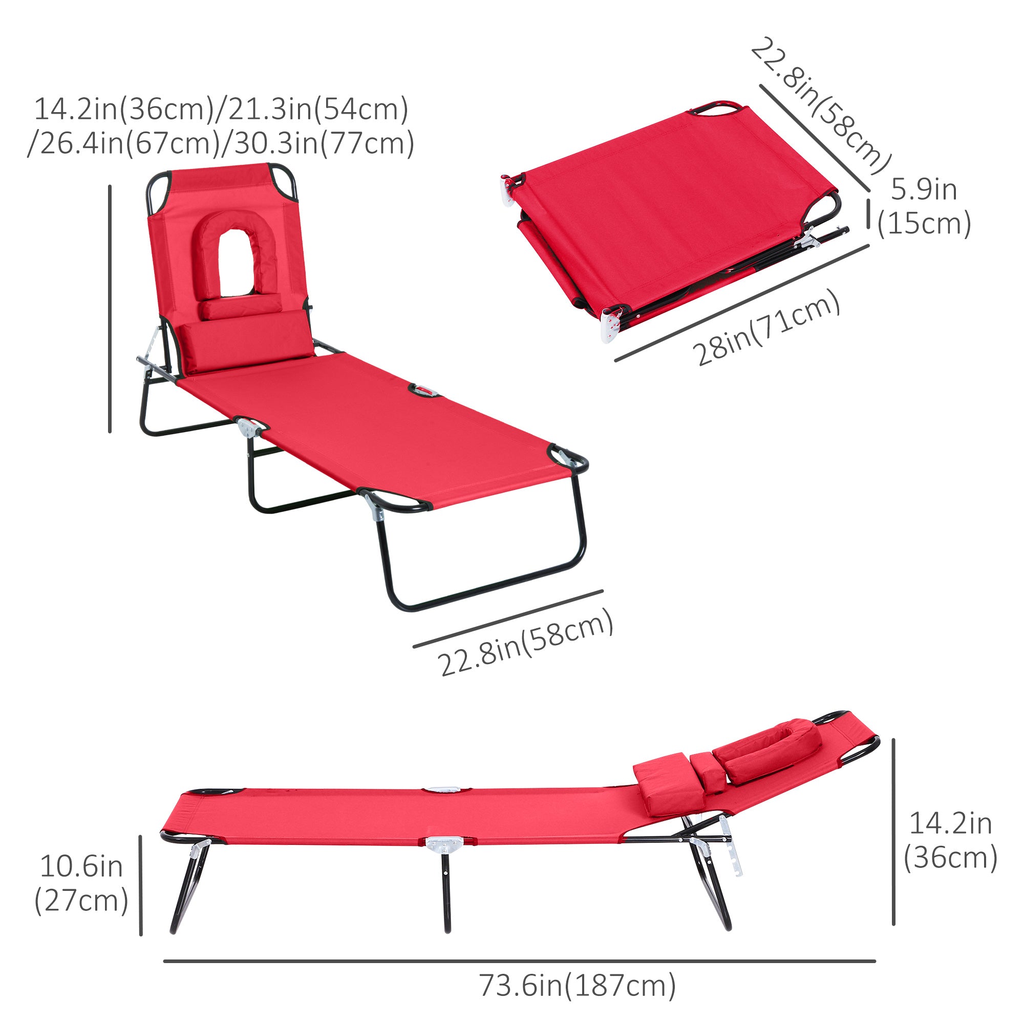Folding Chaise Lounge Chair, Reclining Beach Tanning Chair with Face Hole, Pillow, 4-Position Adjustable Lay Flat Sun Lounger, Steel Frame for Outdoor Patio Pool, Red