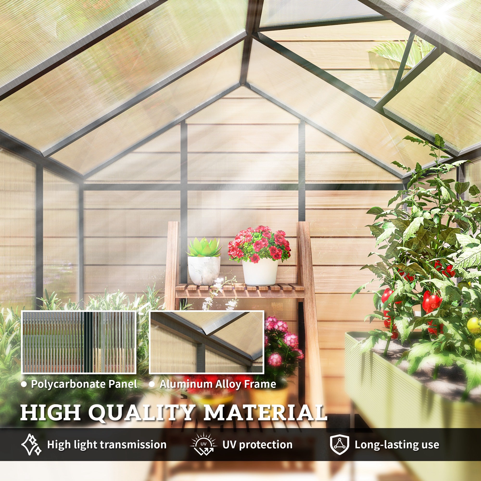 6' x 8' x 6.4' Polycarbonate Greenhouse, Aluminum Walk-In Green House Kit Garden, Plants Grow with Rain Gutter and Roof Vent, Charcoal Grey