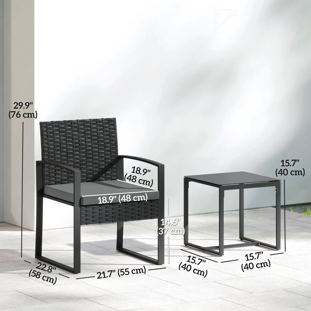 Outdoor Bistro Set, 3 Piece Wicker Patio Furniture Set with Glass Top Table and Cushions for Porch, Balcony, Dark Grey