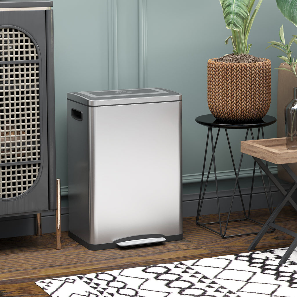 2x5.3 gal (2x20 L) Garbage Bin, Stainless Steel Garbage Can with Soft-Close Lid and Removable Inner Buckets, Silver
