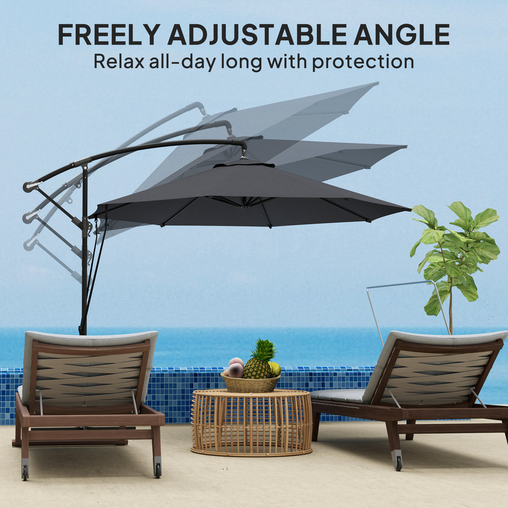 9.5' Cantilever Umbrella with Wind Protection Strap and Cover, Hanging Umbrella with Crank and Cross Base, UPF 50+, Grey