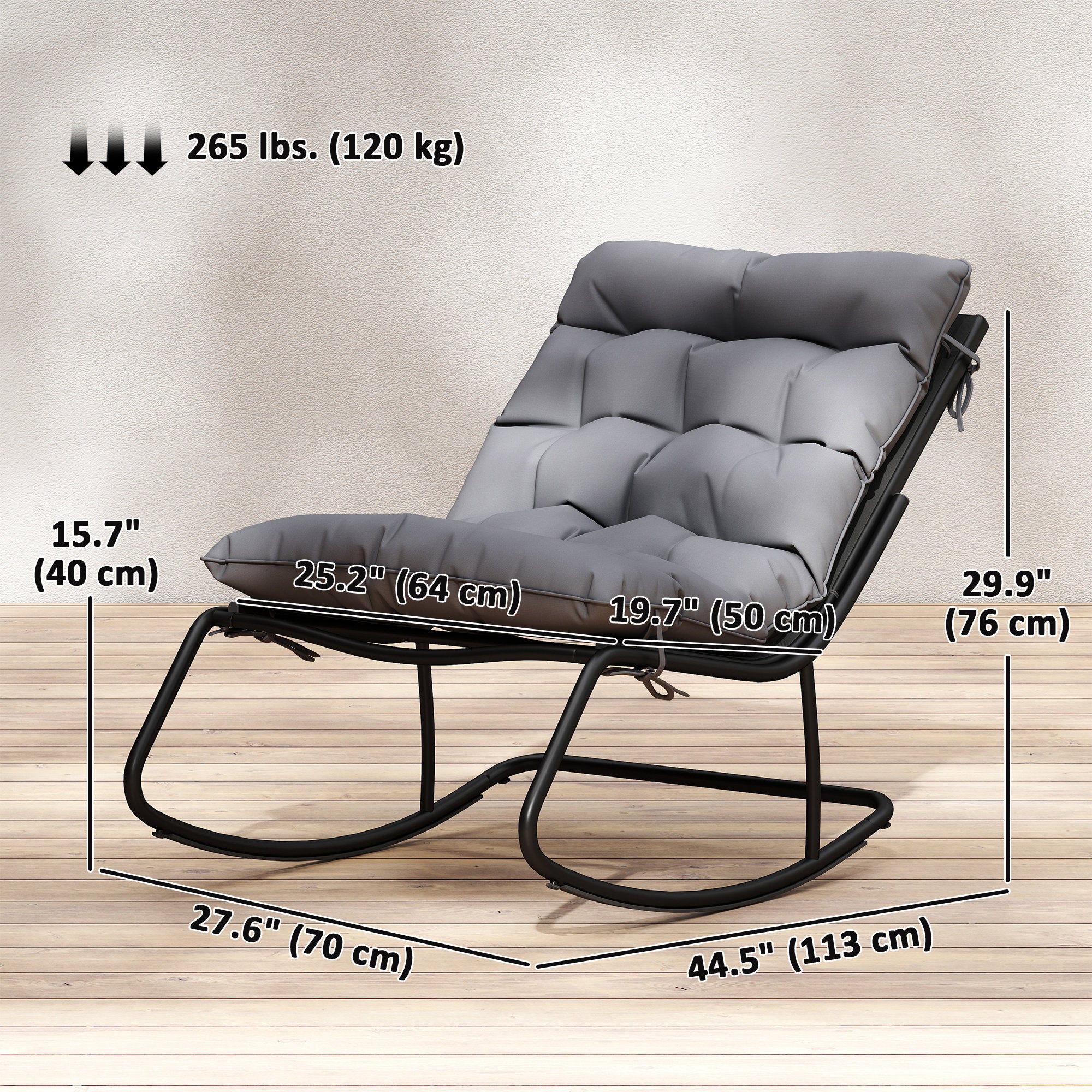 Outdoor Rocking Chair, Oversized Rocking Patio Chair with 25" Extra Wide Mesh Seat and Cushion, Dark Grey