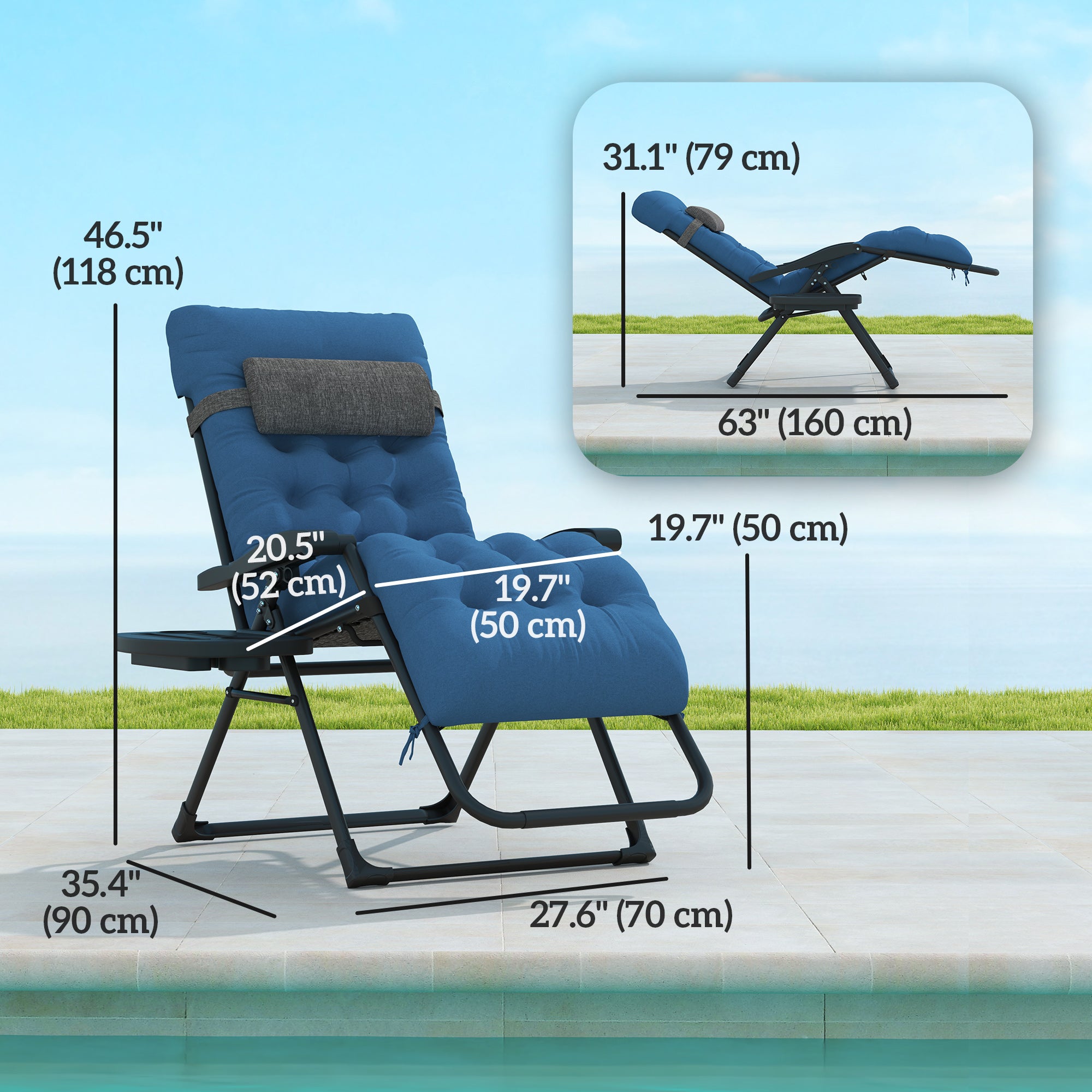 Padded Folding Recliner Chair, Patio Lounger with Cupholder, Adjustable Backrest, Removable Cushion, Navy Blue