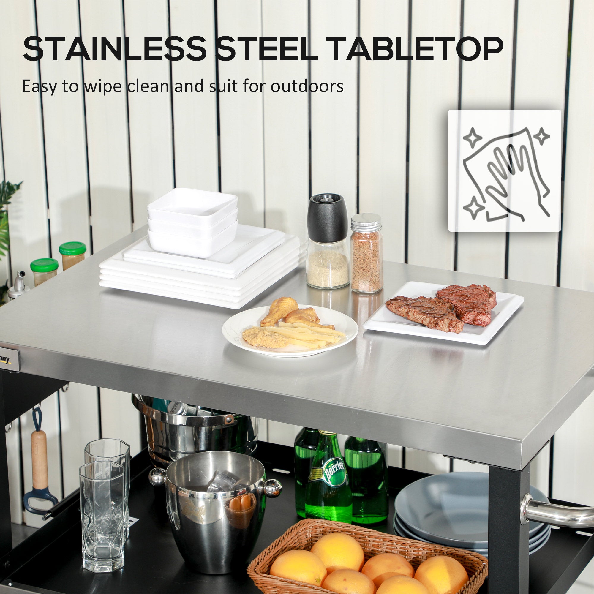 3-Shelf Outdoor Grill Cart Table with Side Handle, Stainless Steel Pizza Oven Stand on Wheels, Black