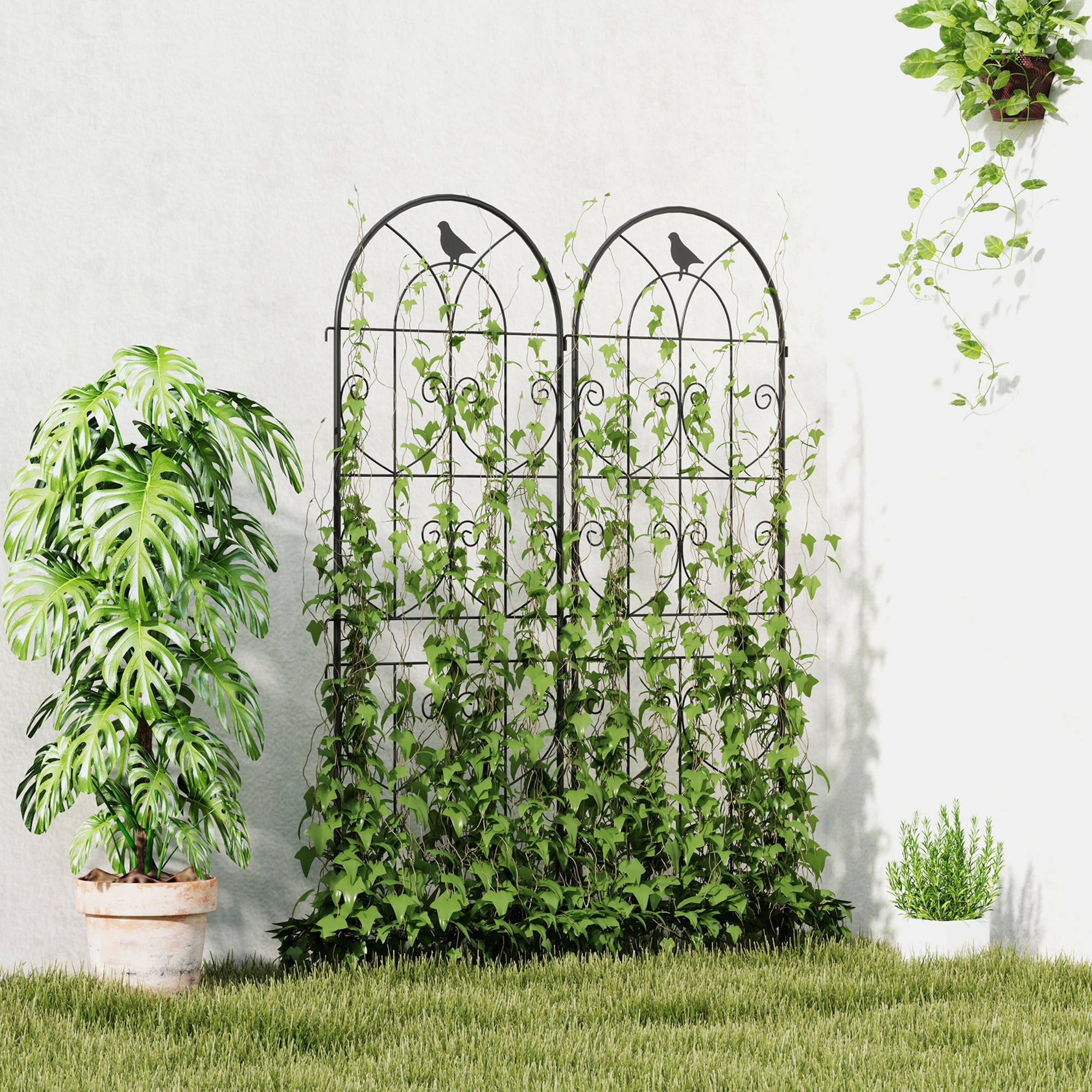 Set of 2 Metal Garden Trellis, Decorative Trellis Panels, Bird Design, 150 x 50 cm, Black