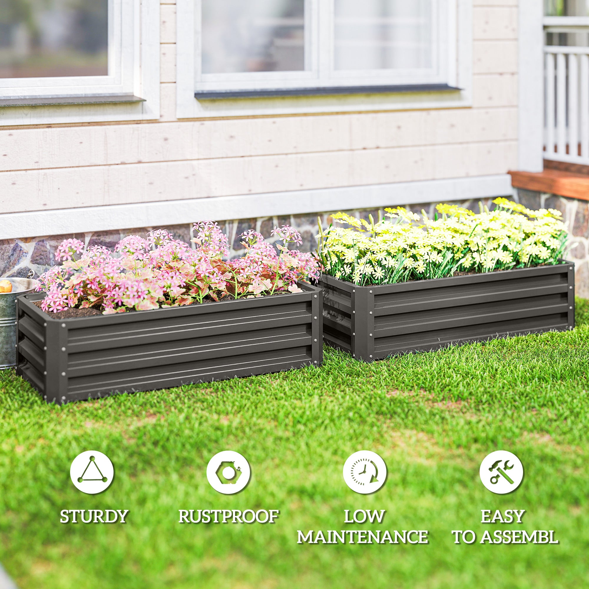 Galvanized Raised Garden Beds, Outdoor Planter Box, Set of 2, for Flowers, Herbs and Vegetables, Dark Grey