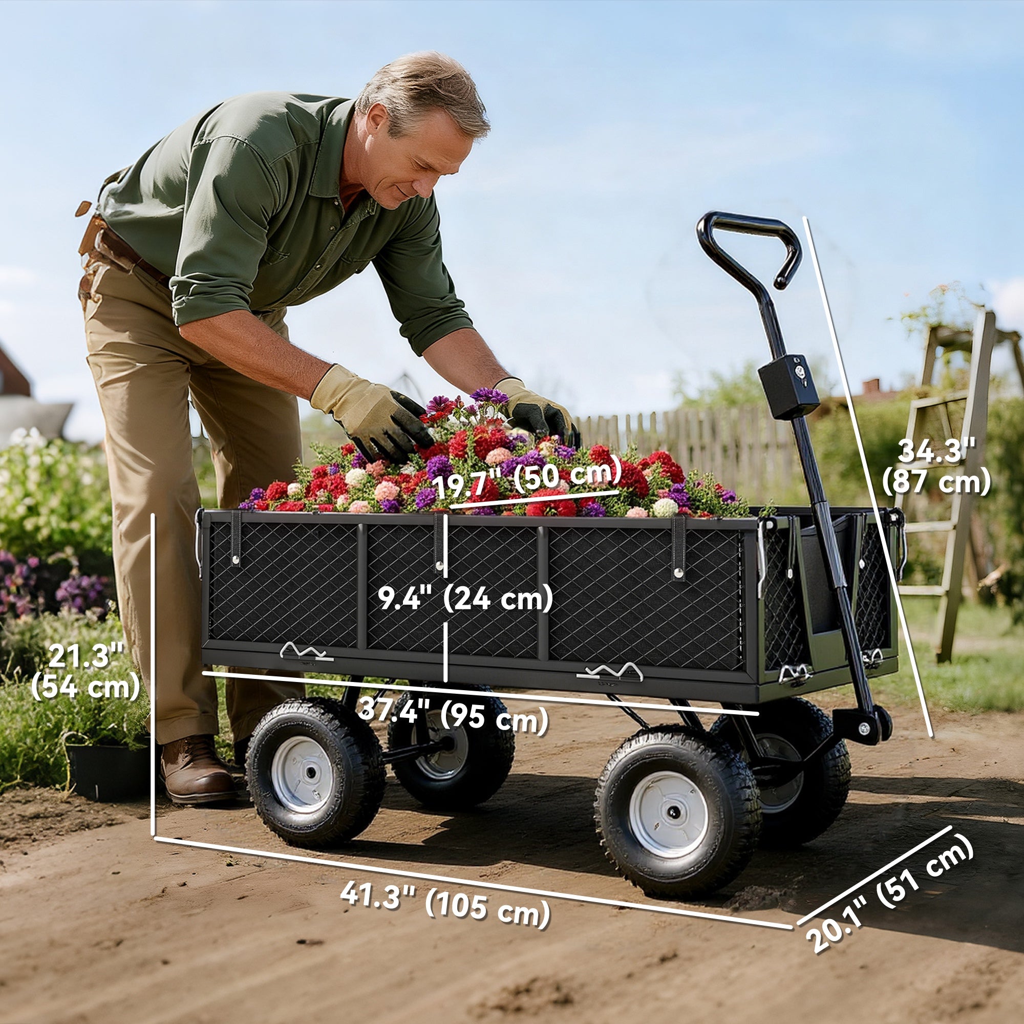 Steel Garden Cart, Utility Wagon Cart with Removable Liner, Quick-Release Sides, 10" Wheels, 660lbs Capacity