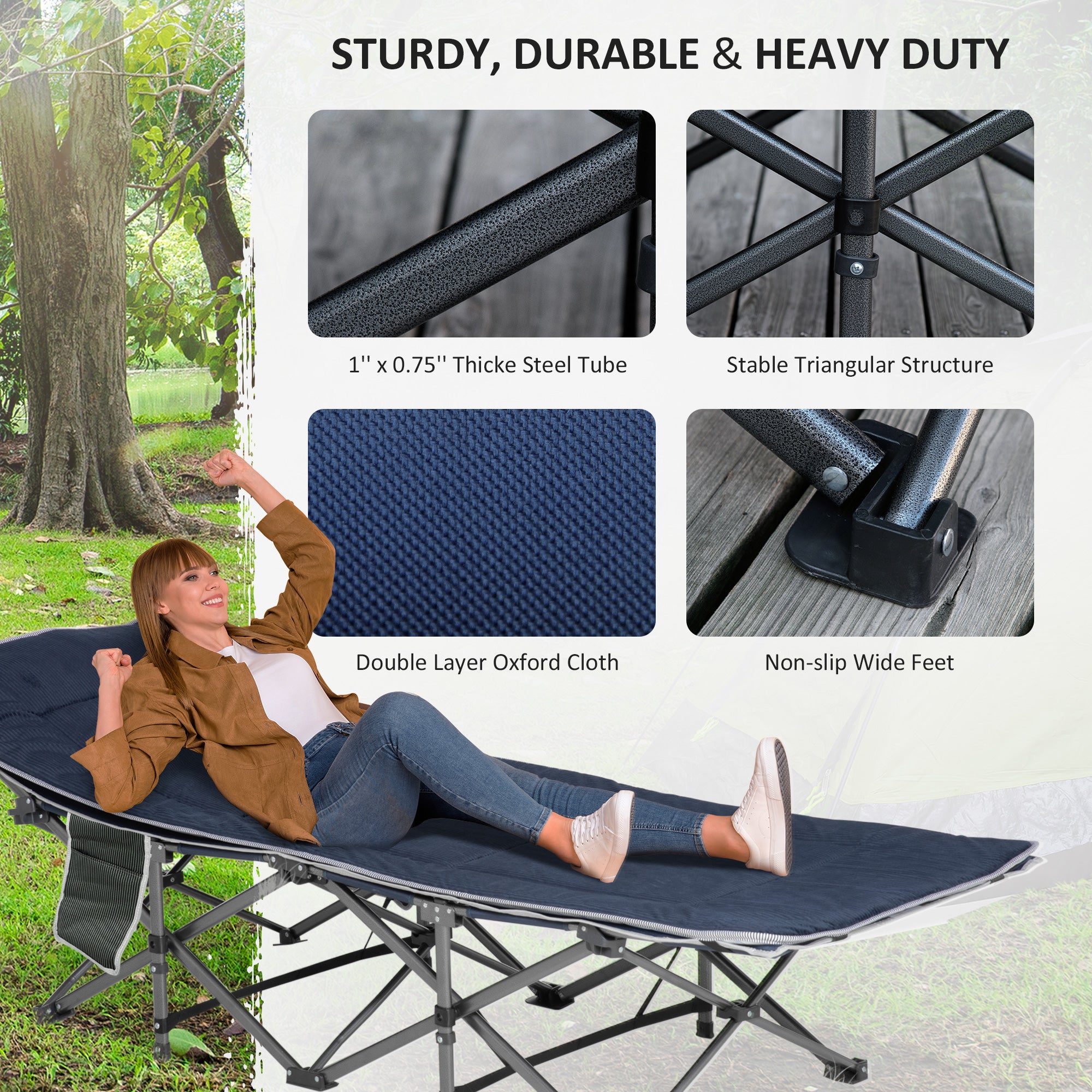 Folding Camping Cot with Mat & Pillow, Double Layer Oxford Heavy Duty Sleeping Cot with Carry Bag Blue