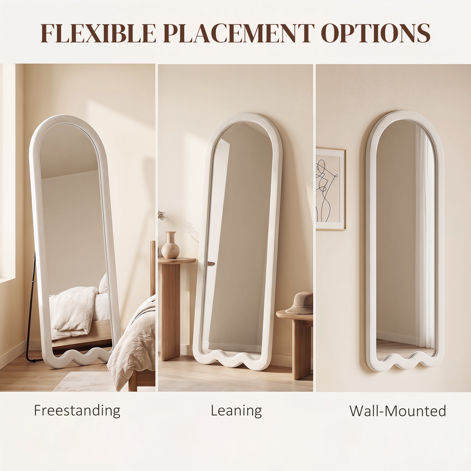 64" x 24" Full Length Mirror, Floor Mirror Hanging or Wall Mount, with Arched Wavy Bottom Velvet Frame for Bedroom