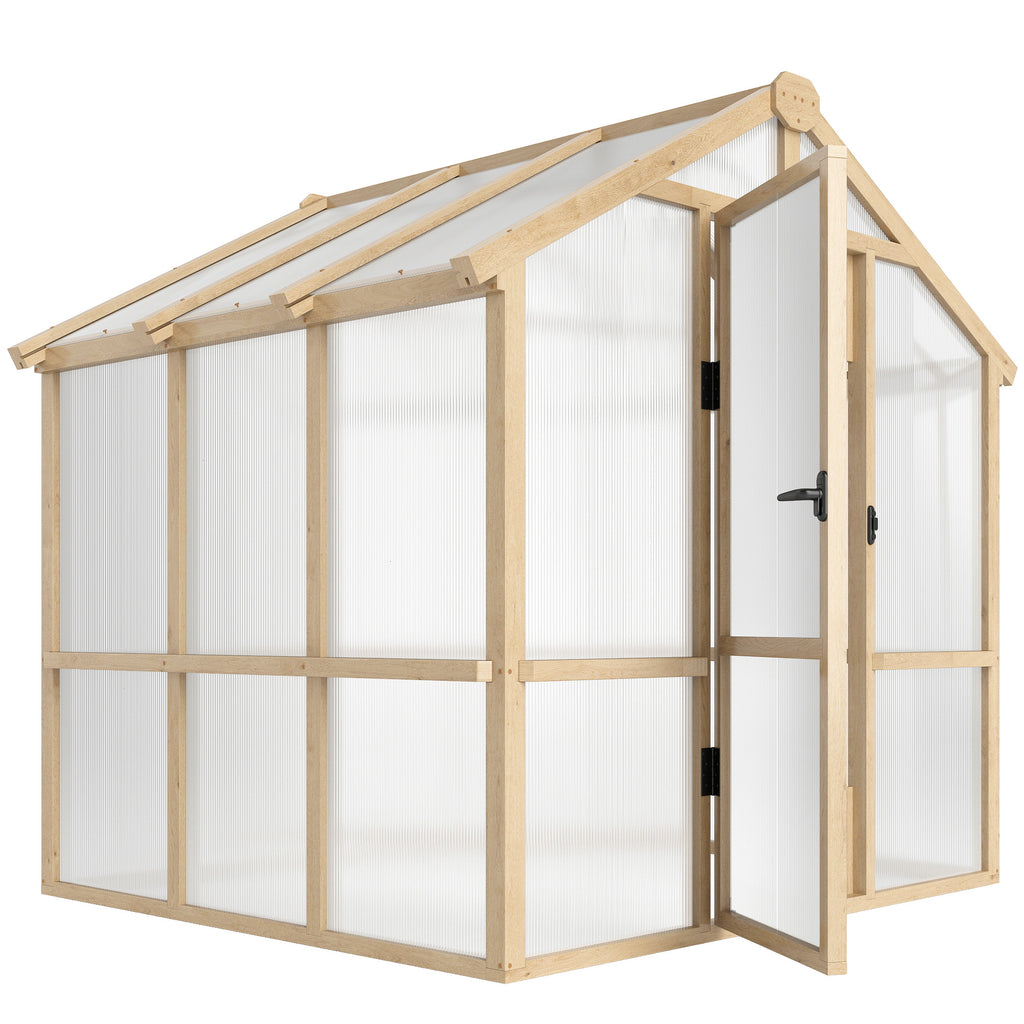 6.6 x 6ft Polycarbonate Greenhouse Wooden Green House with Thickened Polycarbonate Sheets, Lockable Door, Brown