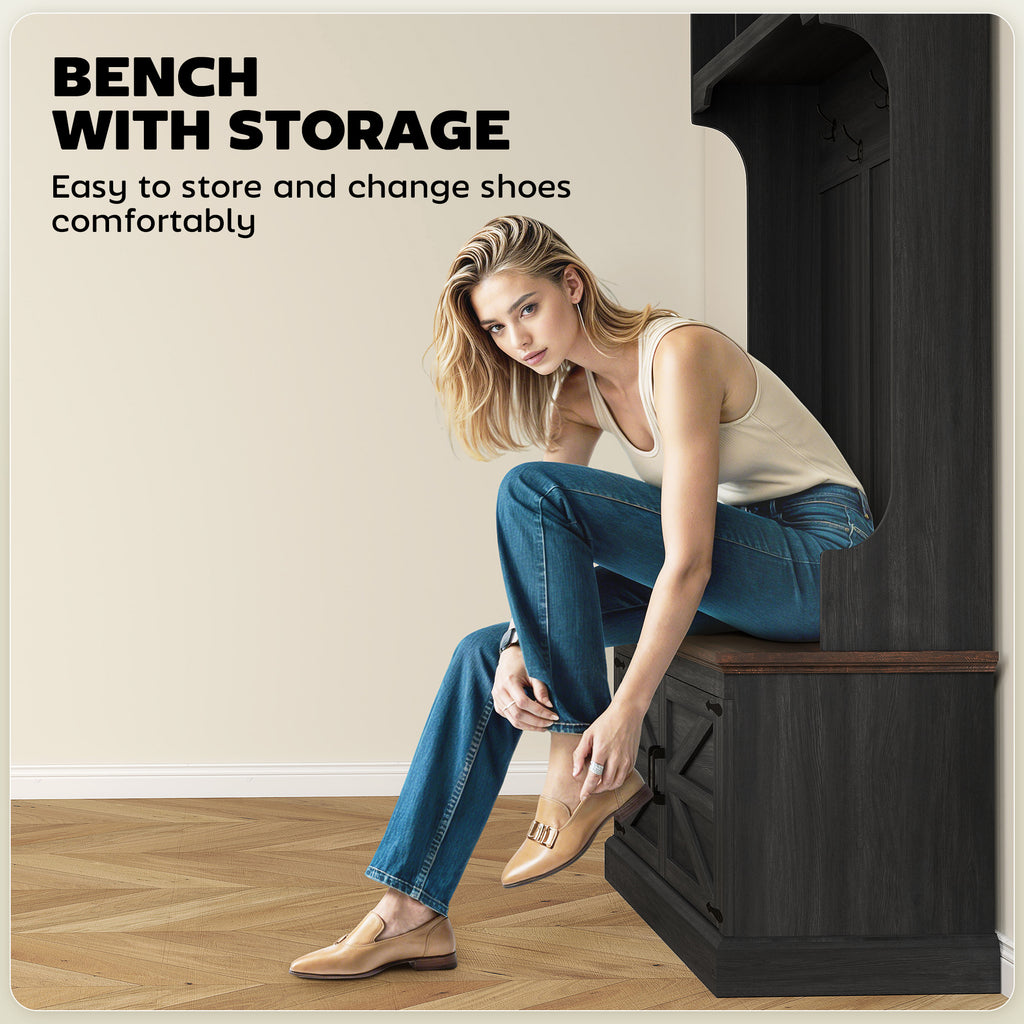 3-in-1 Hall Tree with Bench, Coat Rack with Shoe Storage, Distressed Black