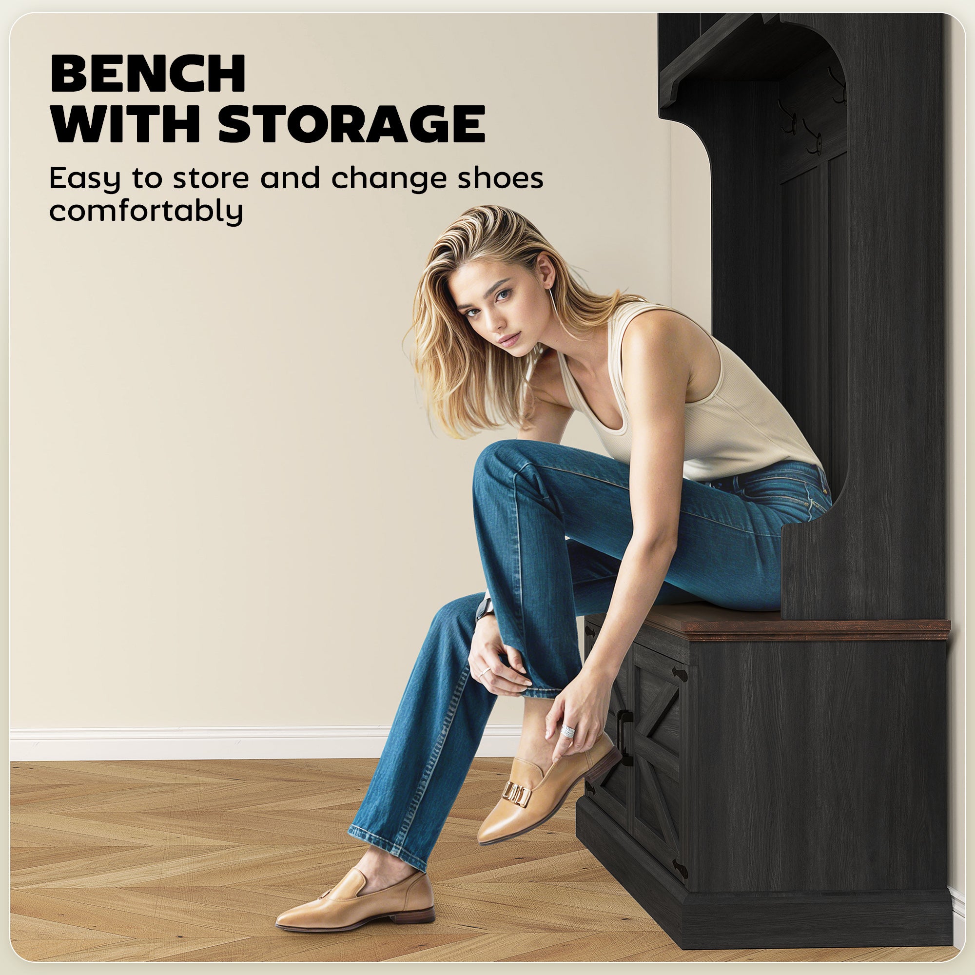 3-in-1 Hall Tree with Bench, Coat Rack with Shoe Storage, Distressed Black