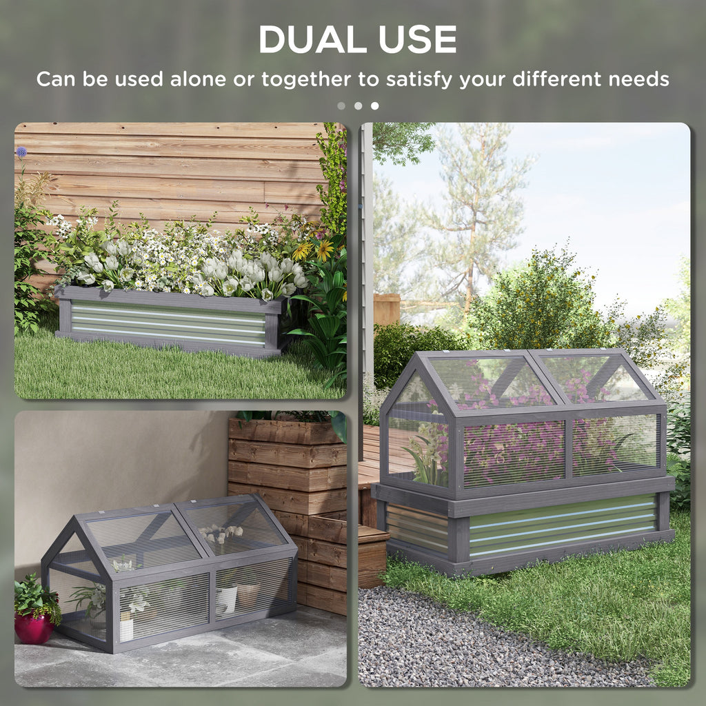 Raised Garden Flower Bed Kit with Greenhouse, Wooden Cold Frame Planter with Open Roofs, 48" x 24" x 32", Grey