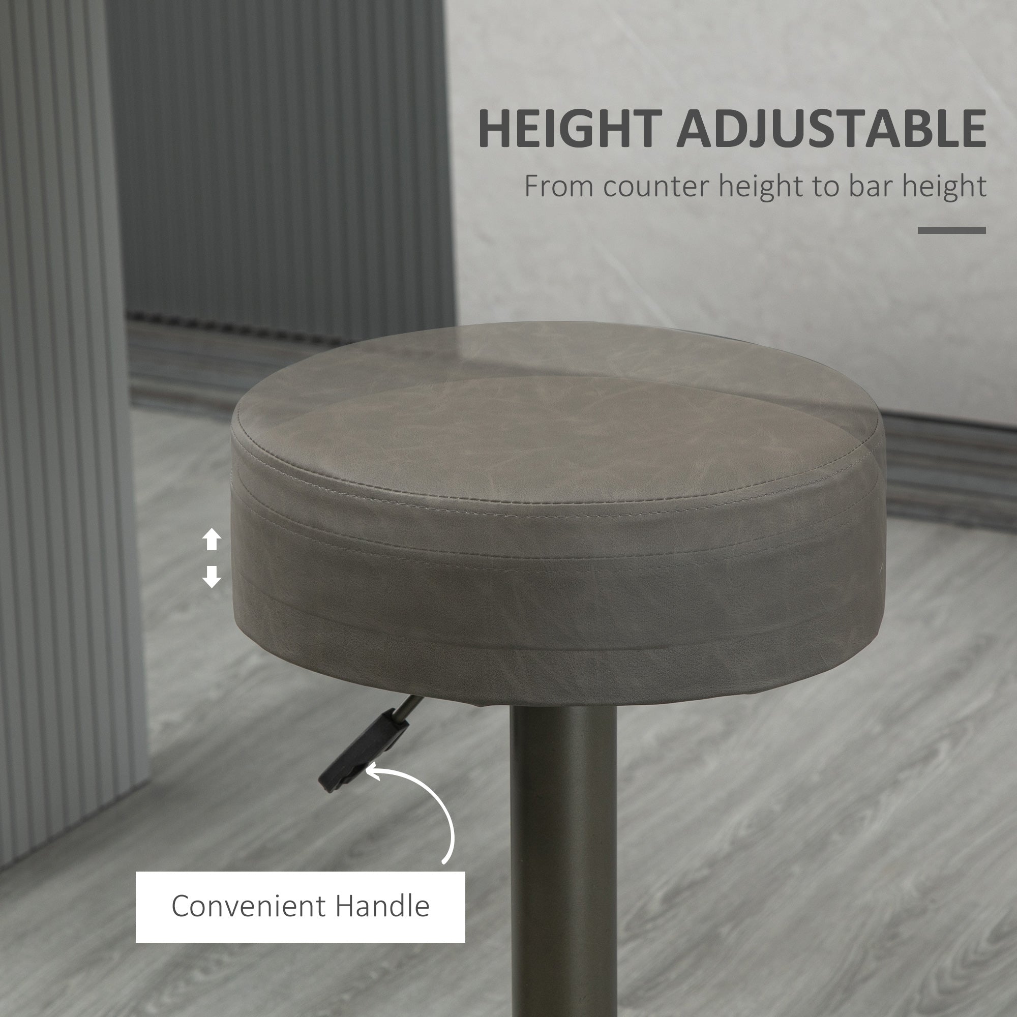 Modern Adjustable Bar Stools Set of 2, Swivel Barstool with Footrest, PU Leather Round Top for Kitchen, Dark Grey