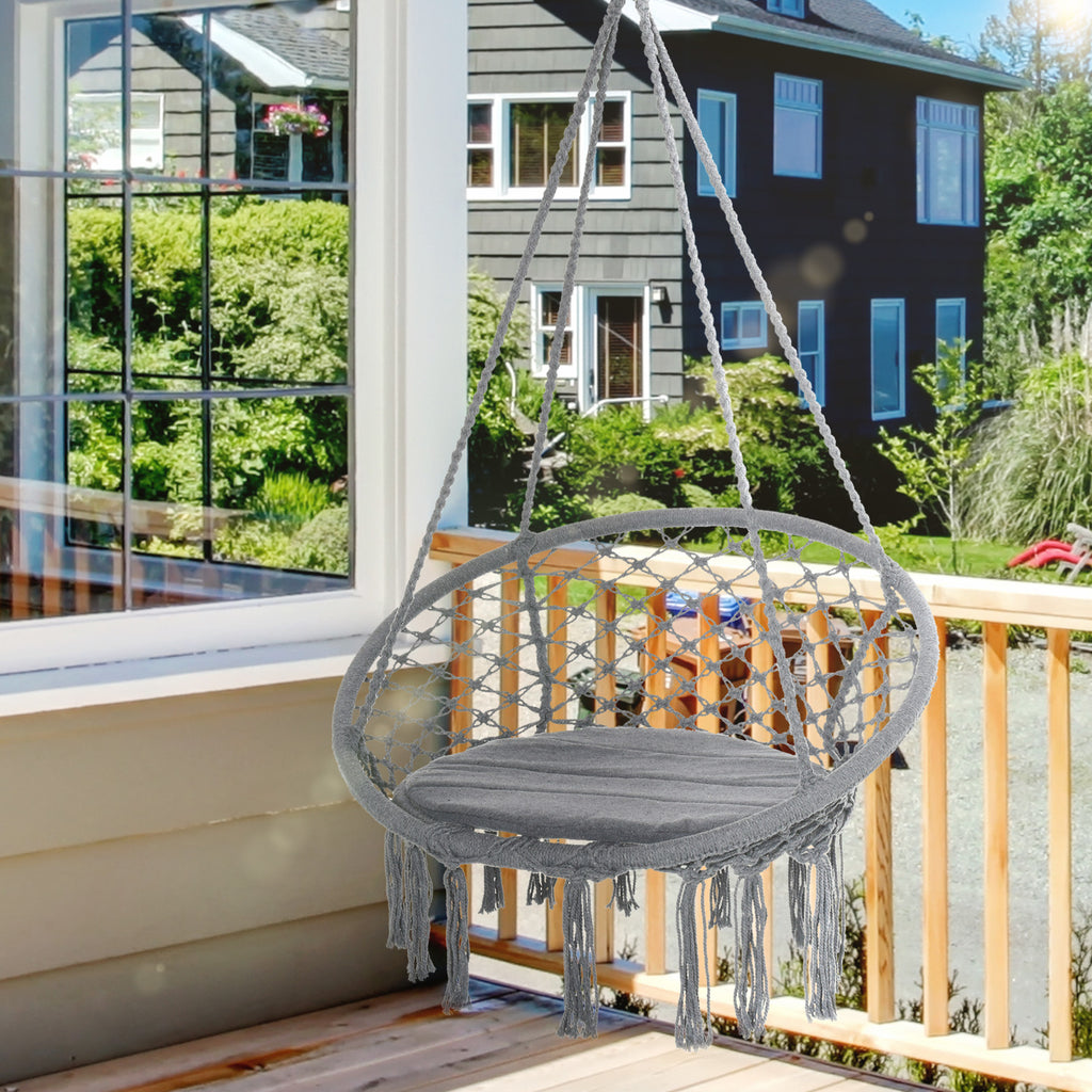 Patio Hammock Chair, Hanging Rope Hammock Swing for Indoor & Outdoor Use with Backrest, Cotton-Polyester Blend, Fringe Tassels, Dark Grey