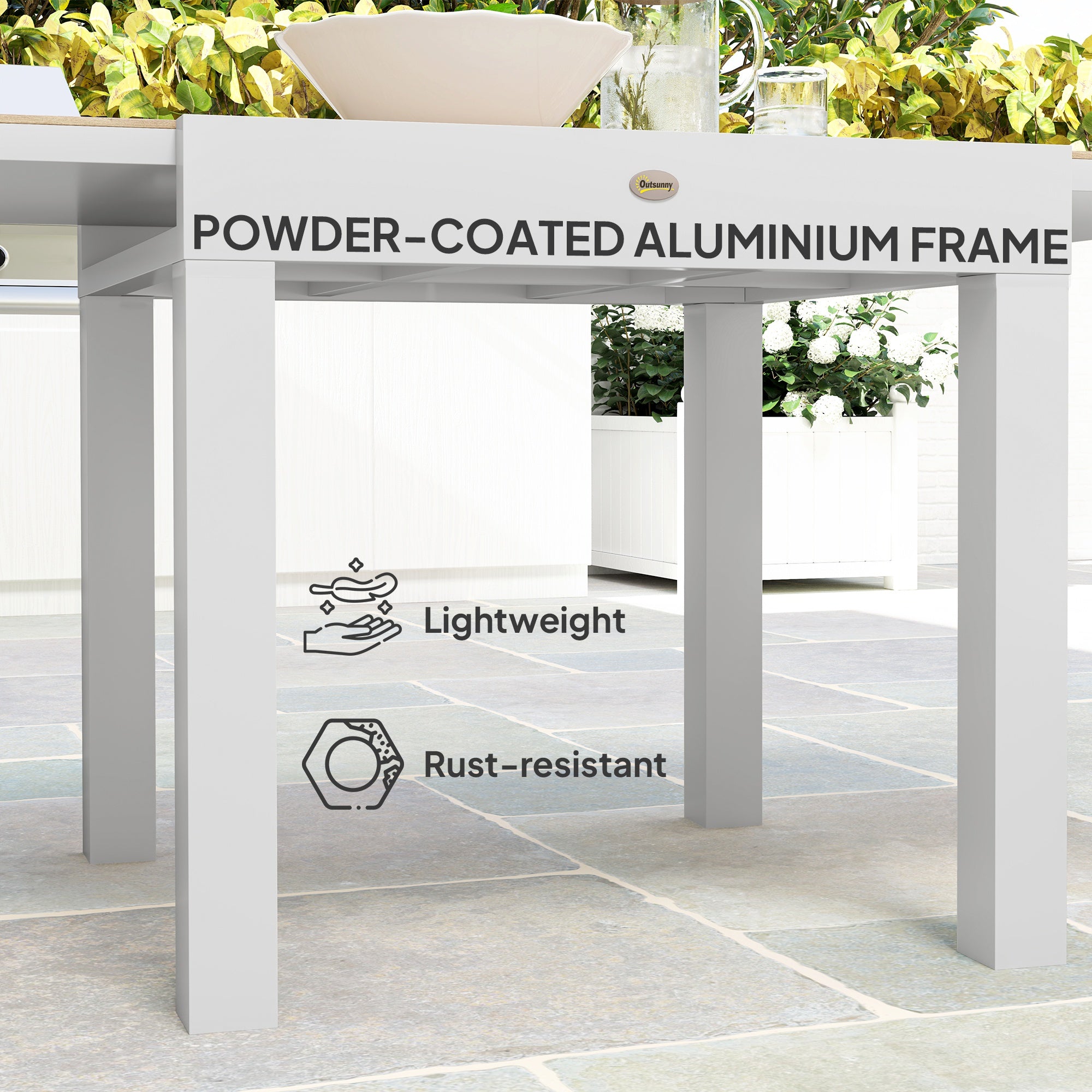 Extendable Patio Dining Table, Aluminum Frame Outdoor Patio Table with Faux Wood Top for Garden Backyard, Natural Wood