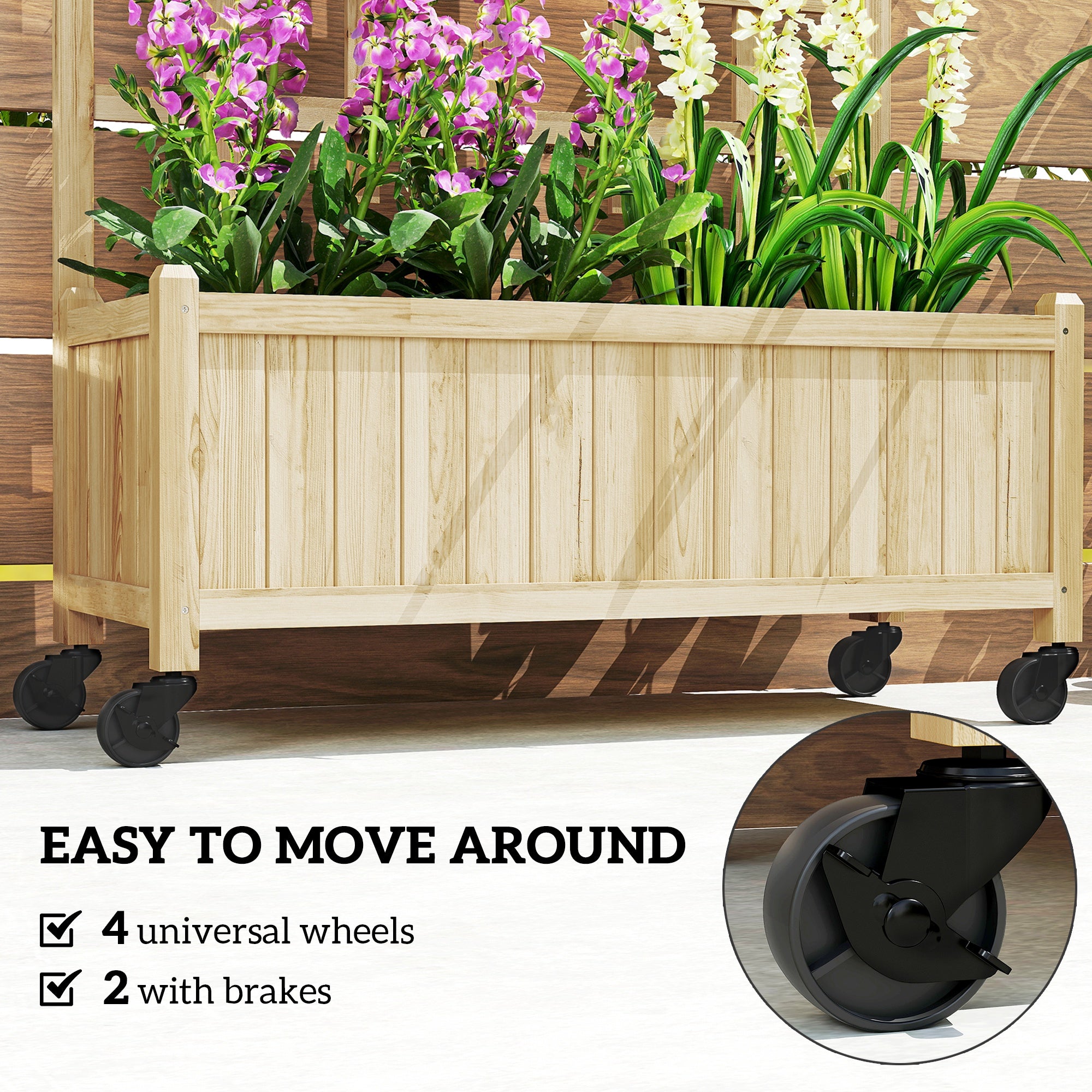 Wooden Planter with Trellis, Raised Garden Bed with Wheels, Drainage Holes for Climbing Plants, Flowers, Nature Wood