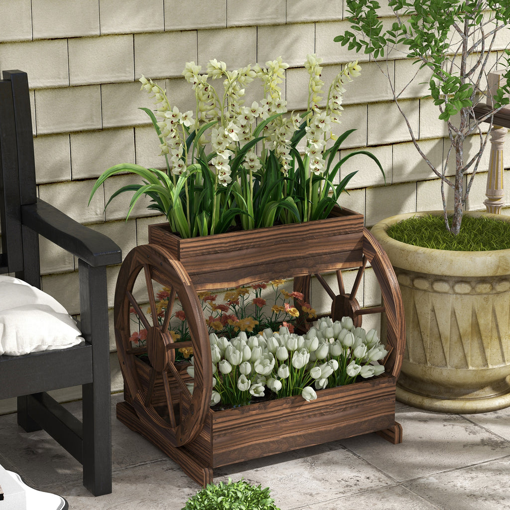 2-Tier Raised Garden Bed, Wooden Wagon Planter Boxes with Drainage Holes, for Vegetables Flowers Herbs, Carbonized