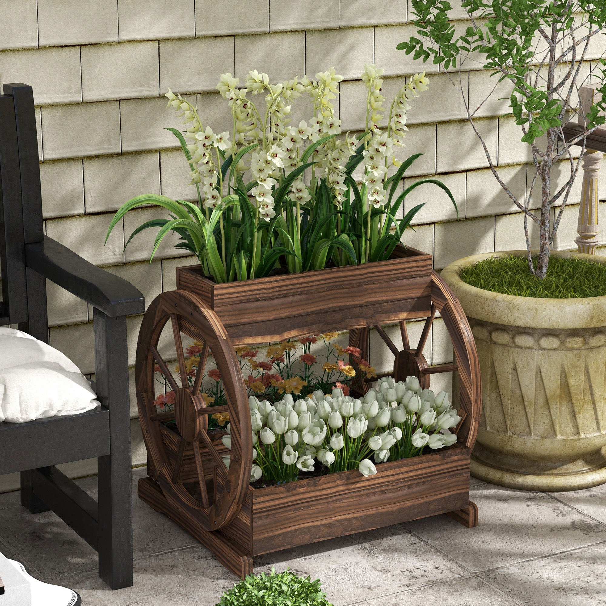 2-Tier Raised Garden Bed, Wooden Wagon Planter Boxes with Drainage Holes, for Vegetables Flowers Herbs, Carbonized