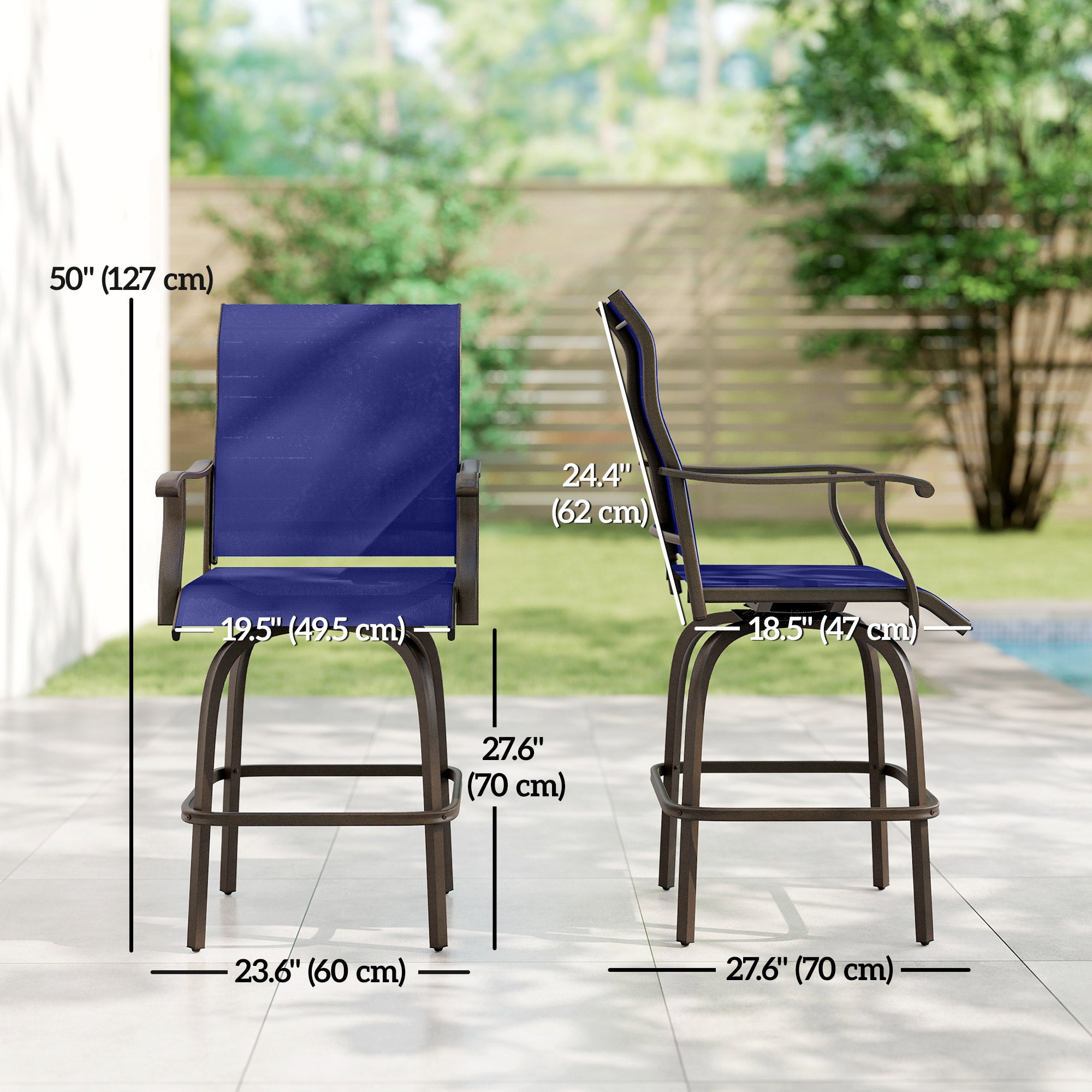 Outdoor Bar Stools Set of 2, Swivel Bar Height Chairs with High Back, Curved Armrests and Steel Frame, Navy Blue