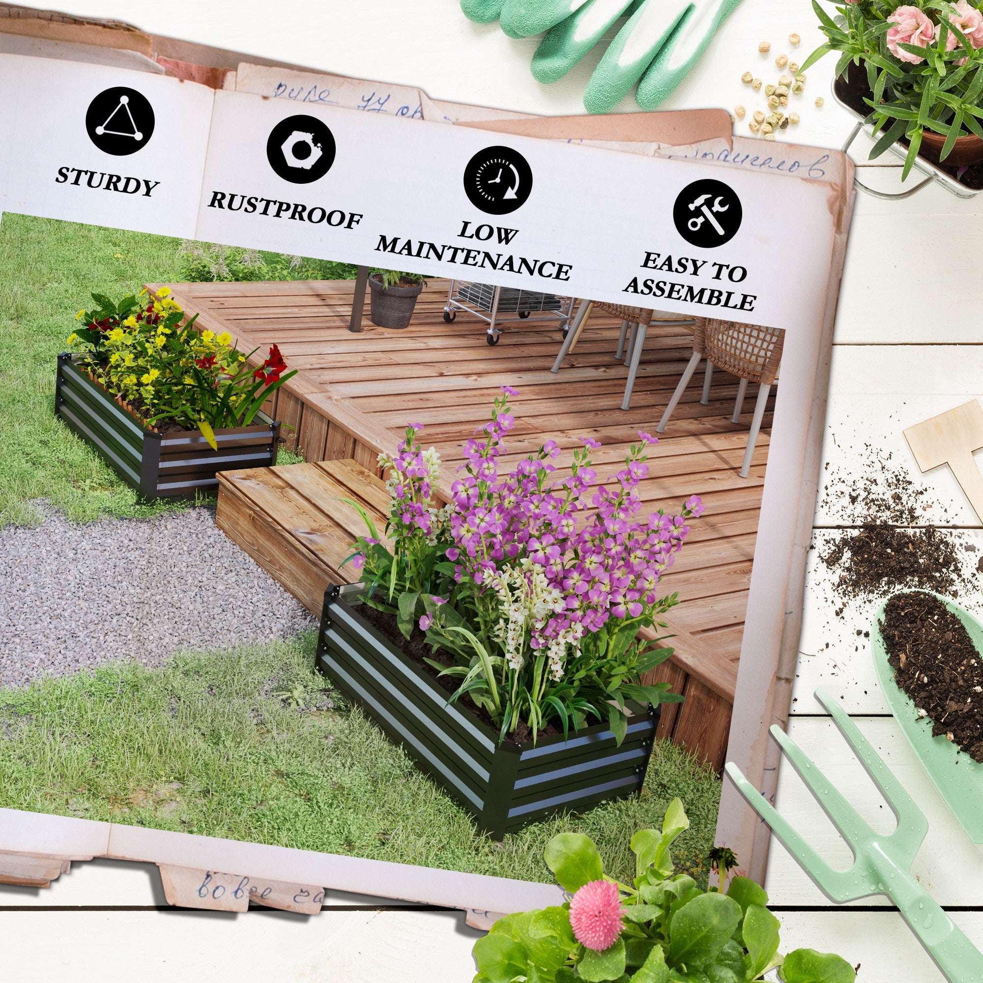 Set of 2 Galvanized Raised Beds for Garden, Outdoor Planter Box for Flowers, Herbs and Vegetables, Grey