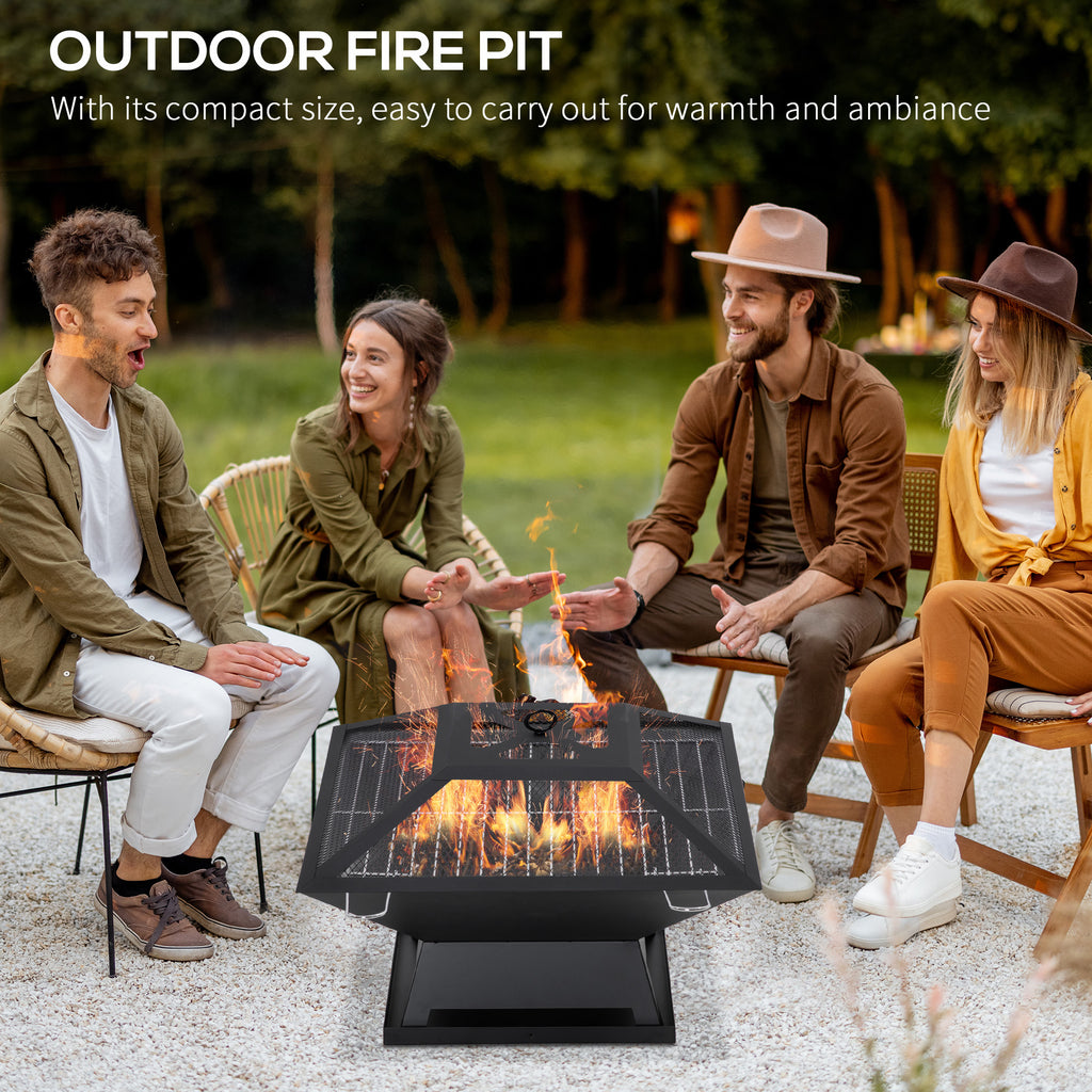 17.7" Wood Burning Portable Fire Pit, Outdoor Firepit with Cooking BBQ Grill, Spark Screen, Poker for Backyard, Black