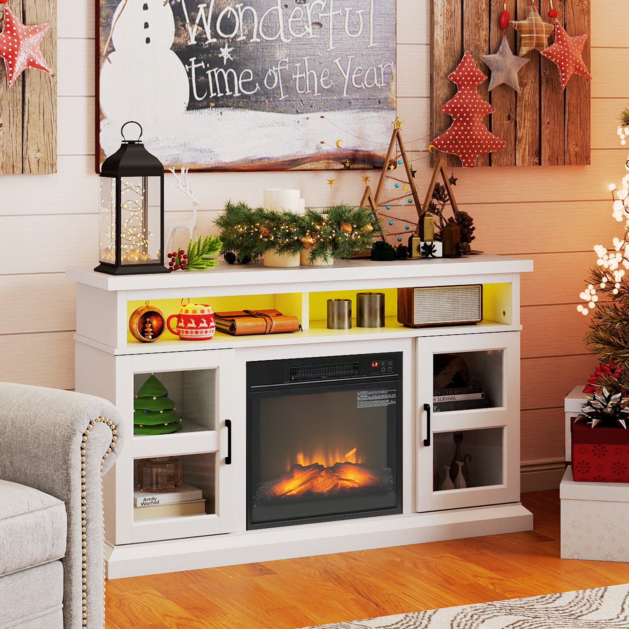48" Fireplace TV Stand for TVs Up to 55 Inches, Media Entertainment Center with 3D Flame, Adjustable Shelves, White