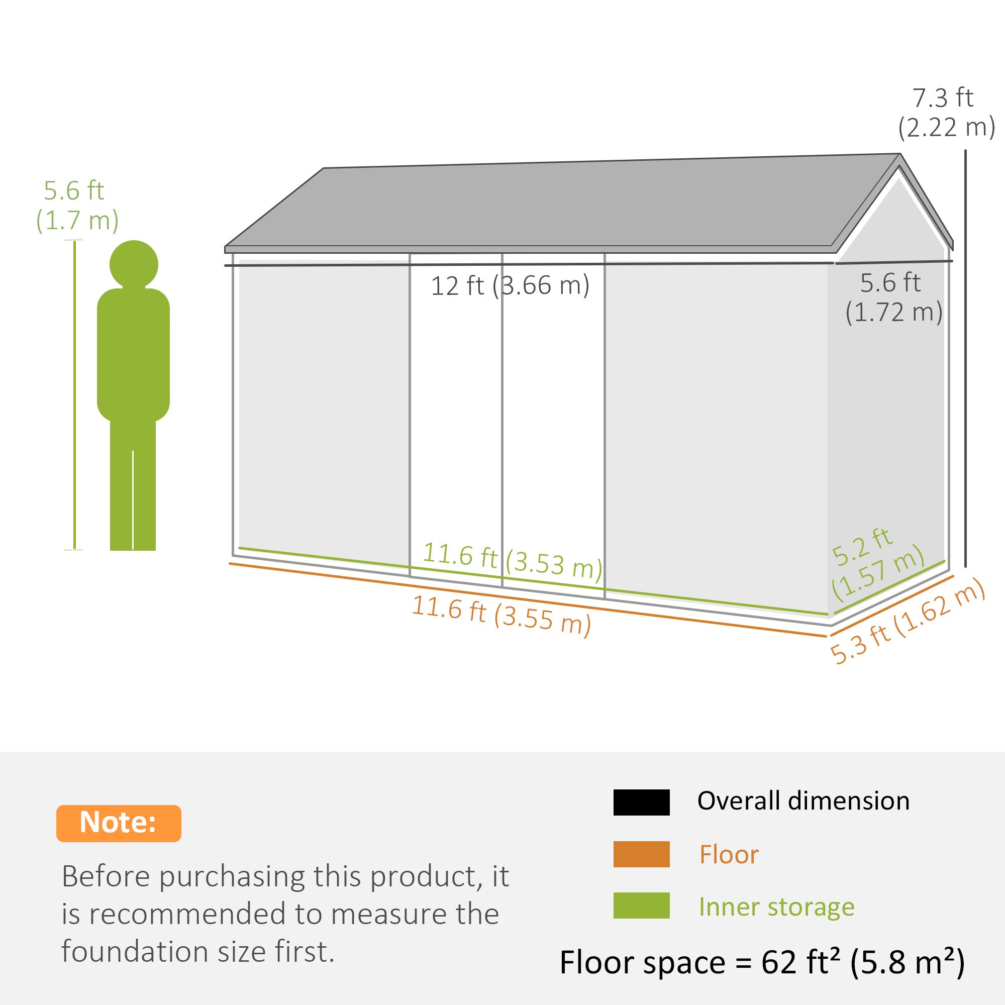 12' x 5.5' Metal Garden Storage Shed, Outdoor Tool Storage House with Lockable Door, Vents, Sloped Roof, Green