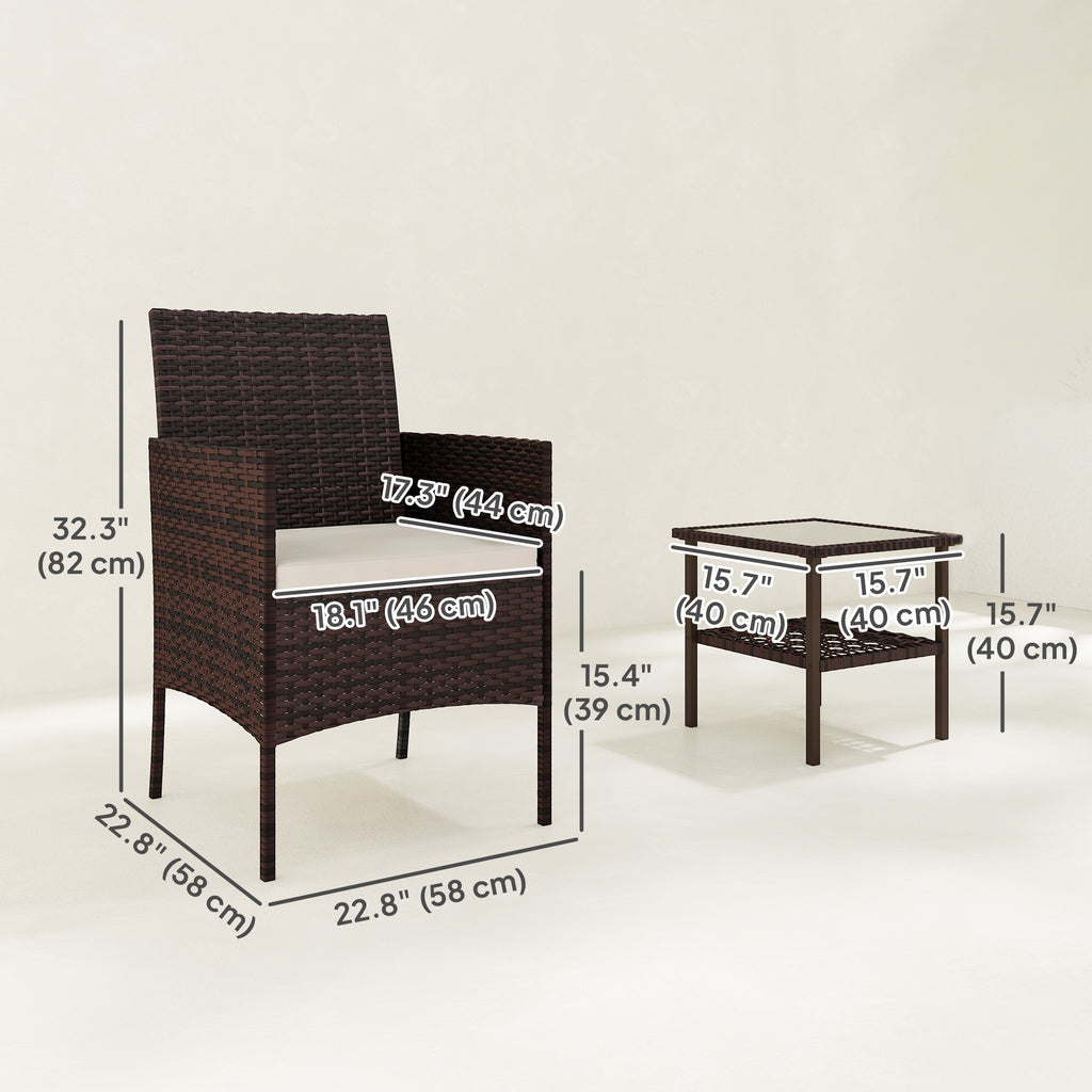 Wicker Bistro Set, 3 Piece Patio Furniture Set with 2-Tier Glass Top Table, Cushions for Balcony, Porch, Beige