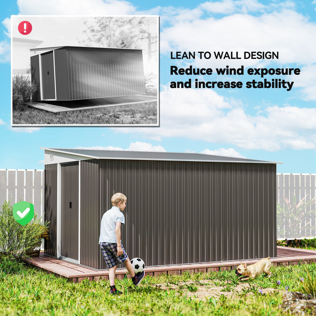 11' x 9' Steel Garden Storage Shed, Outdoor Metal Tool House with Double Sliding Doors & 2 Air Vents, Grey