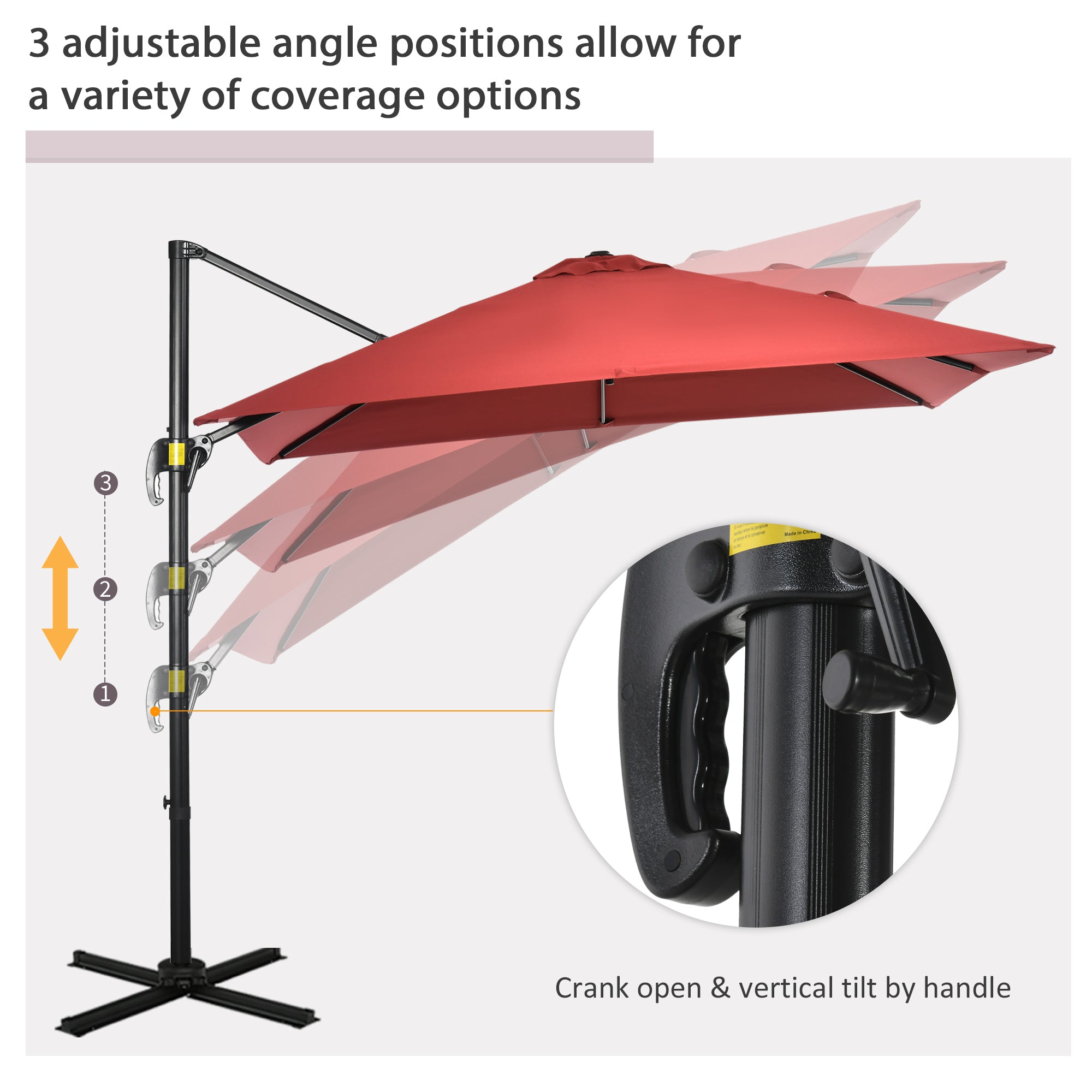 8' x 8' Square Patio Hanging Offset Umbrella with 360Â° Rotation, Aluminum Outdoor Cantilever Parasol with Crank & Tilt, Sun Canopy Shelter with Cross Base, Wine Red