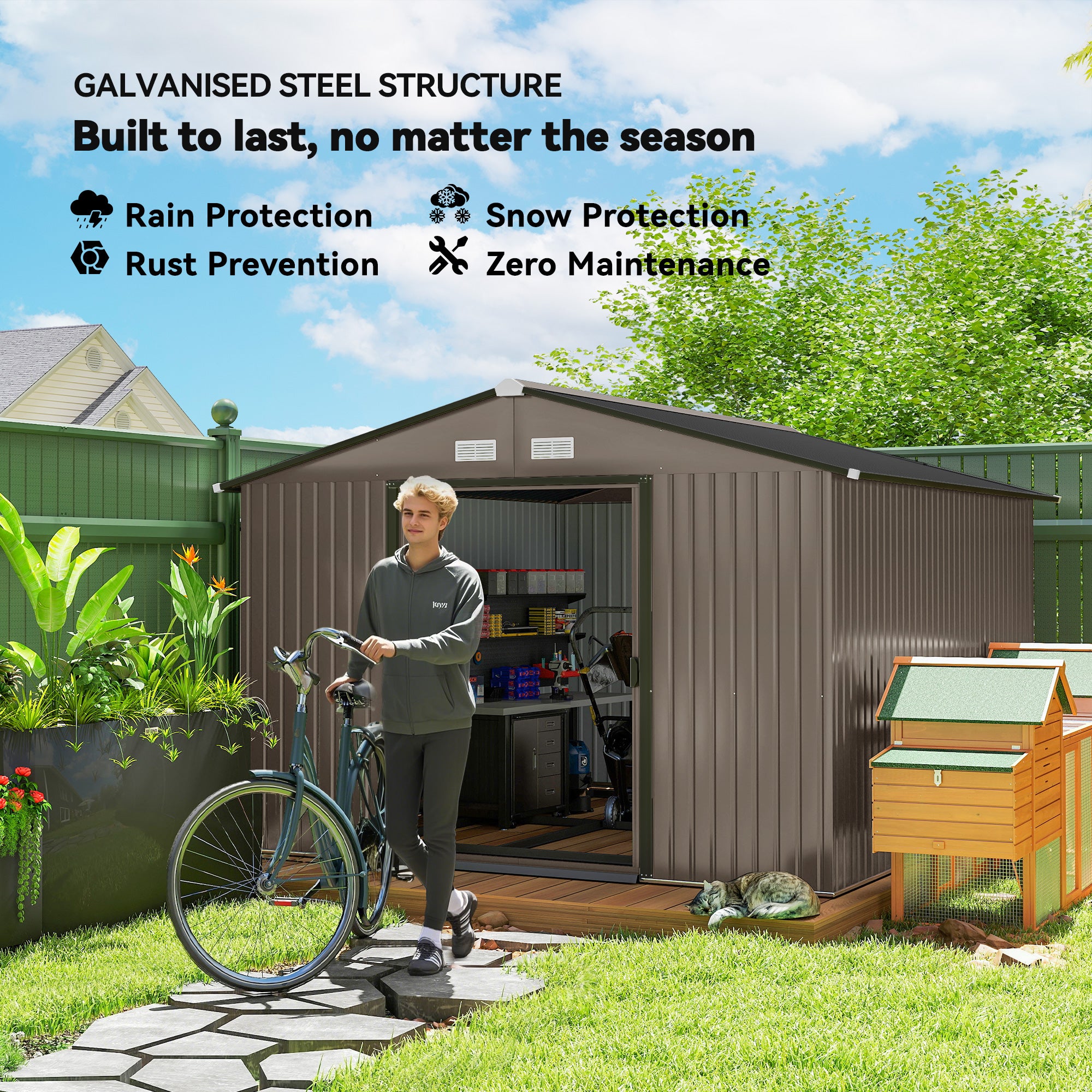 9' x 10.6' Garden Storage Shed w/ Foundation Kit Metal Tool Storage House w/ Double Doors Brown