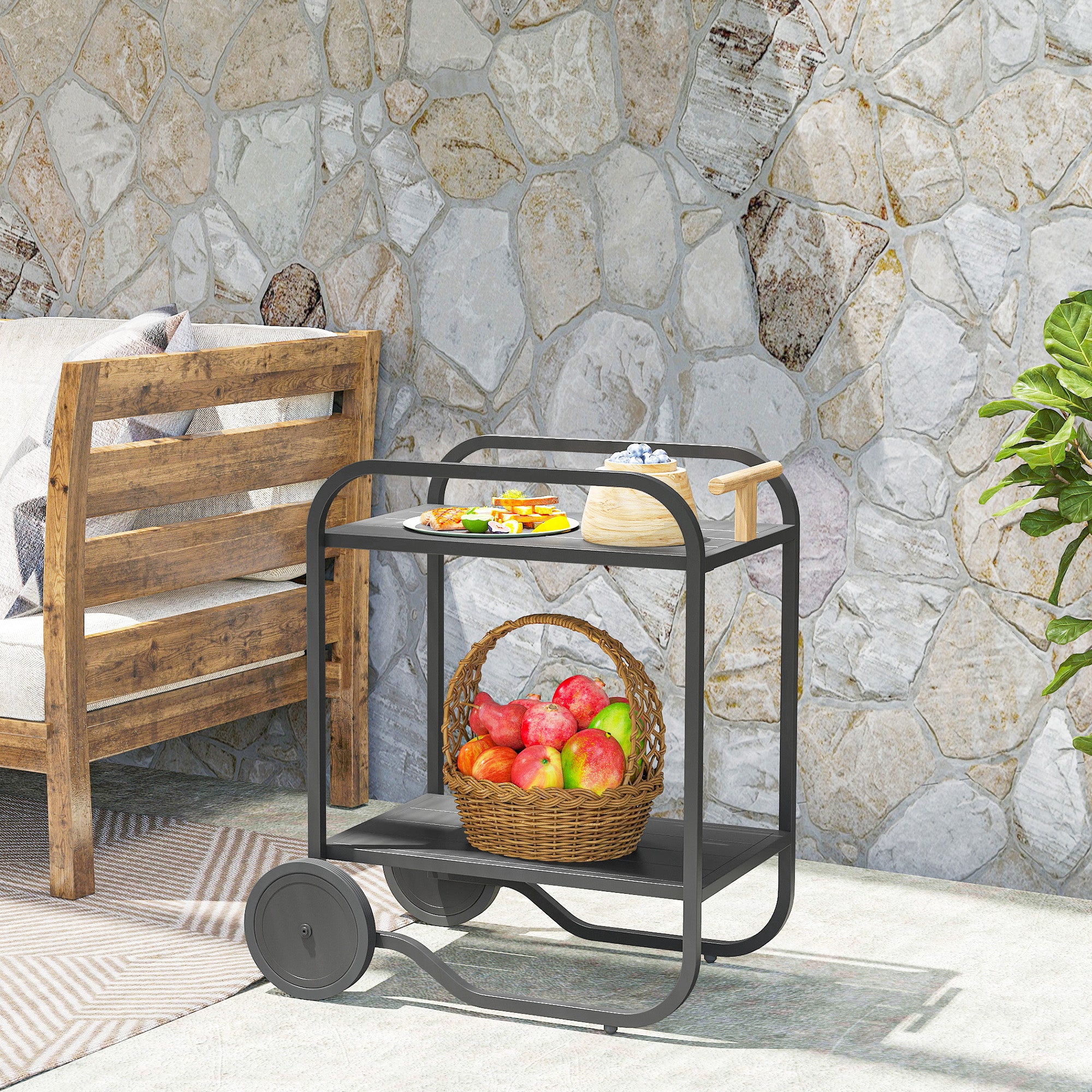 Outdoor Grill Cart with Storage, 2-Tier Bar Cart on Wheels with Side Handle, Steel Frame for Indoor Outdoor, Black