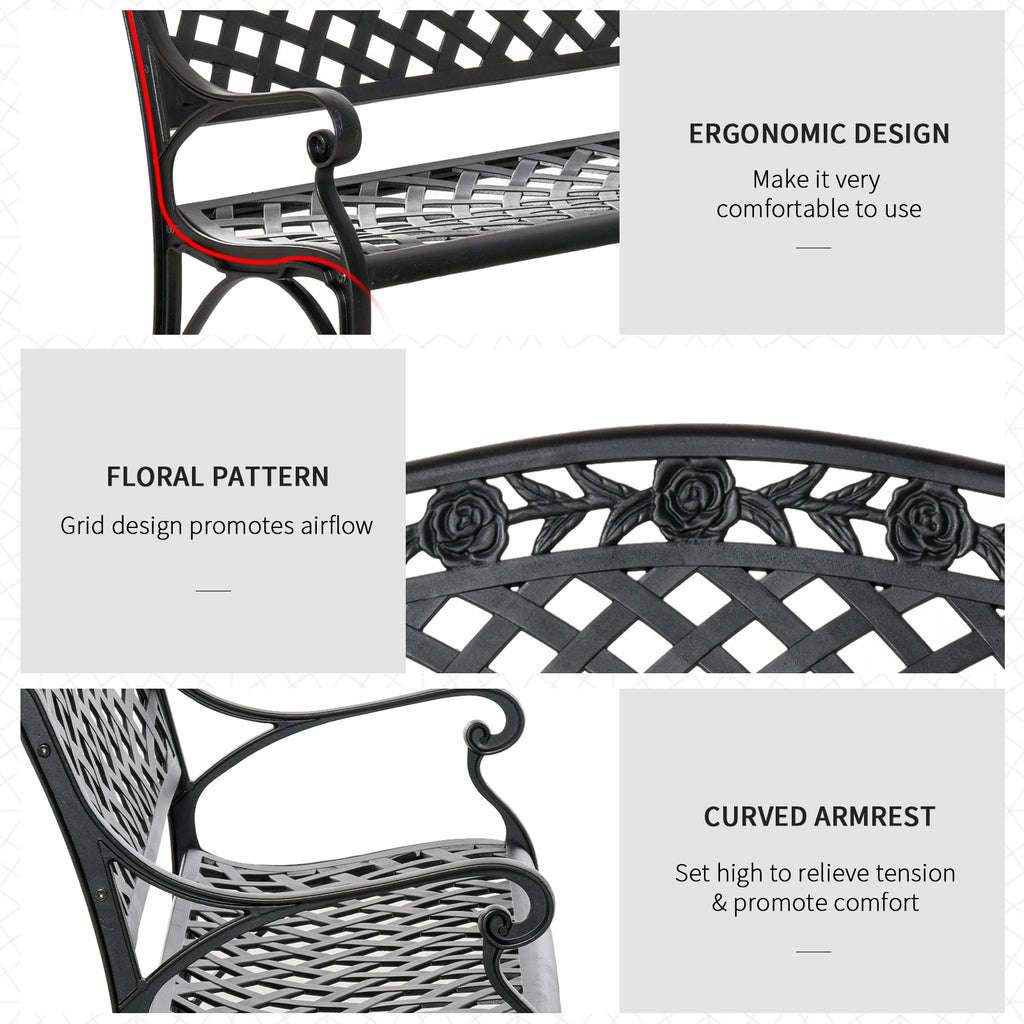 Outdoor Garden Bench, 40" Patio Bench with Aluminum Frame and Armrests, 2-Person Patio Loveseat with Floral Pattern for Park, Porch, Yard, Lawn, 485 LBS Capacity
