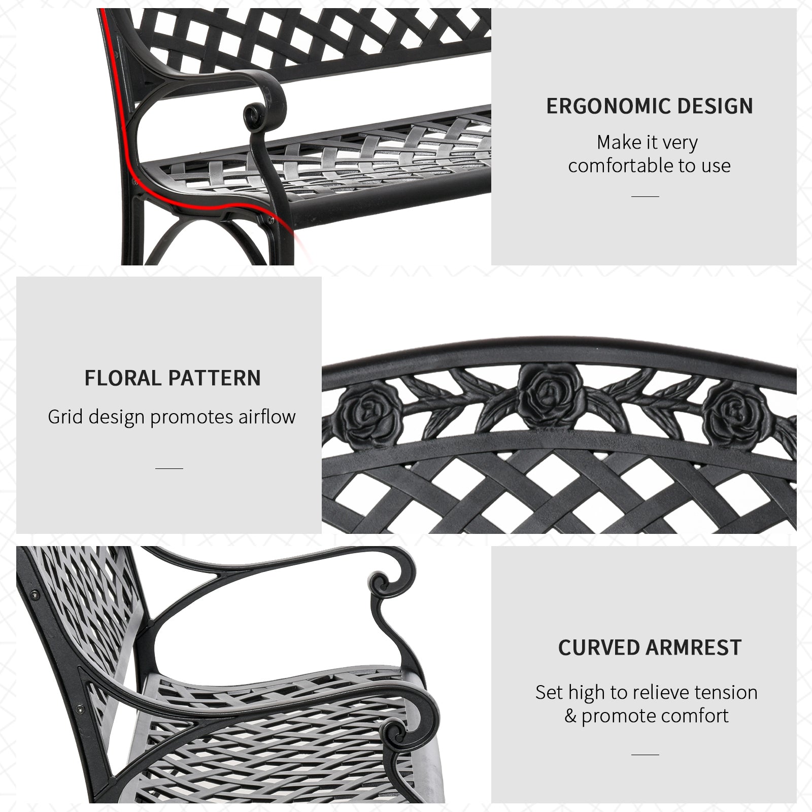 Outdoor Garden Bench, 40" Patio Bench with Aluminum Frame and Armrests, 2-Person Patio Loveseat with Floral Pattern for Park, Porch, Yard, Lawn, 485 LBS Capacity