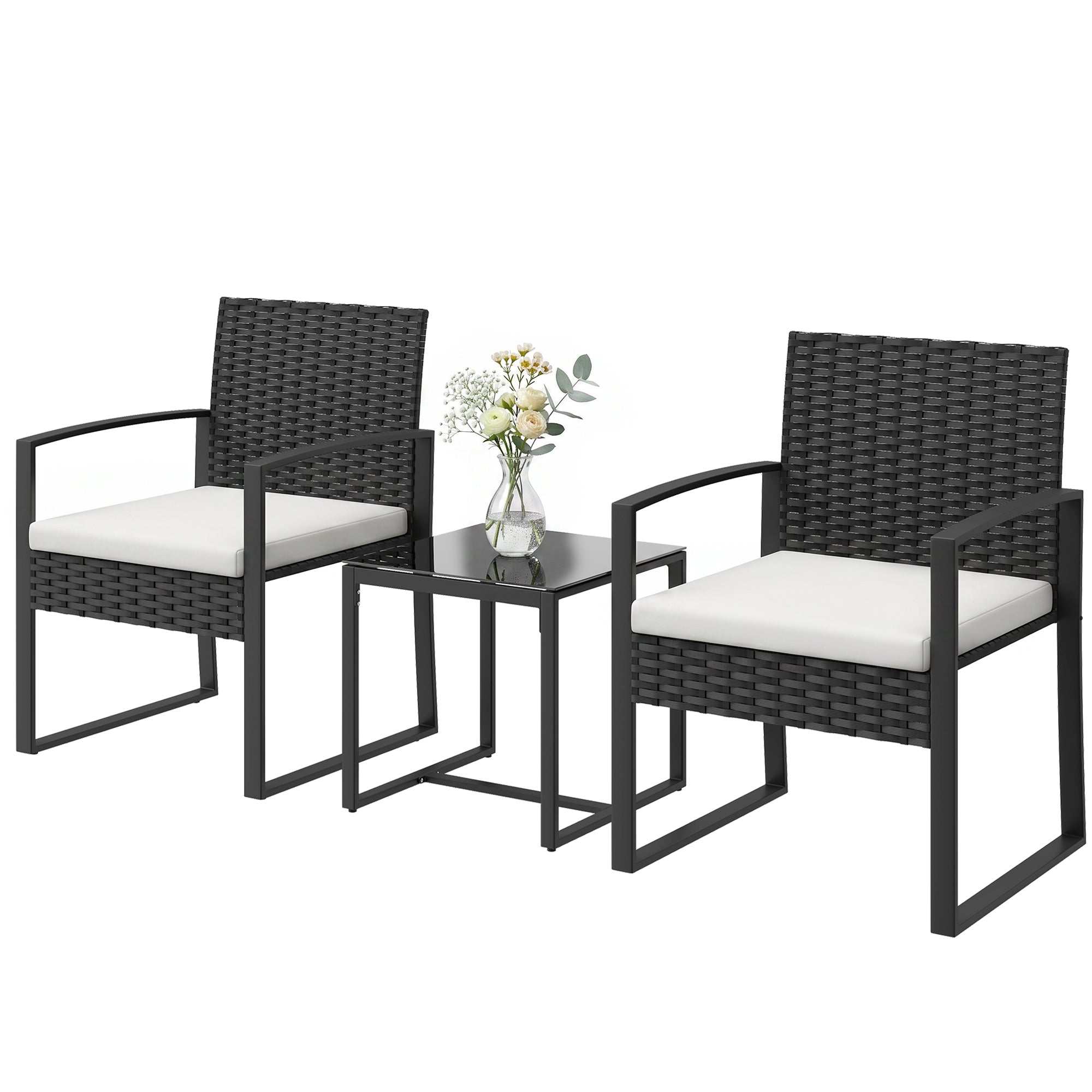 Outdoor Bistro Set, 3 Piece Wicker Patio Furniture Set with Glass Top Table and Cushions for Porch, Balcony, Cream White