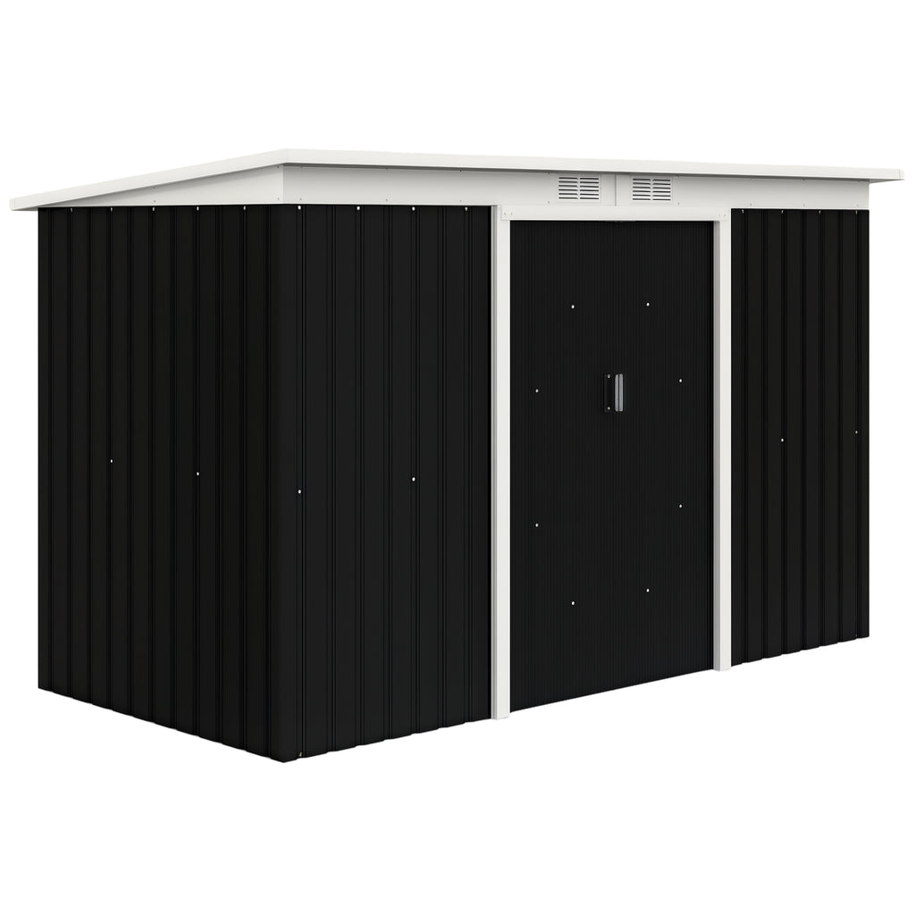 9x4 Outdoor Storage Shed Galvanized Steel Garden Shed with Foundation Kit, Ventilation & Doors, Dark Grey
