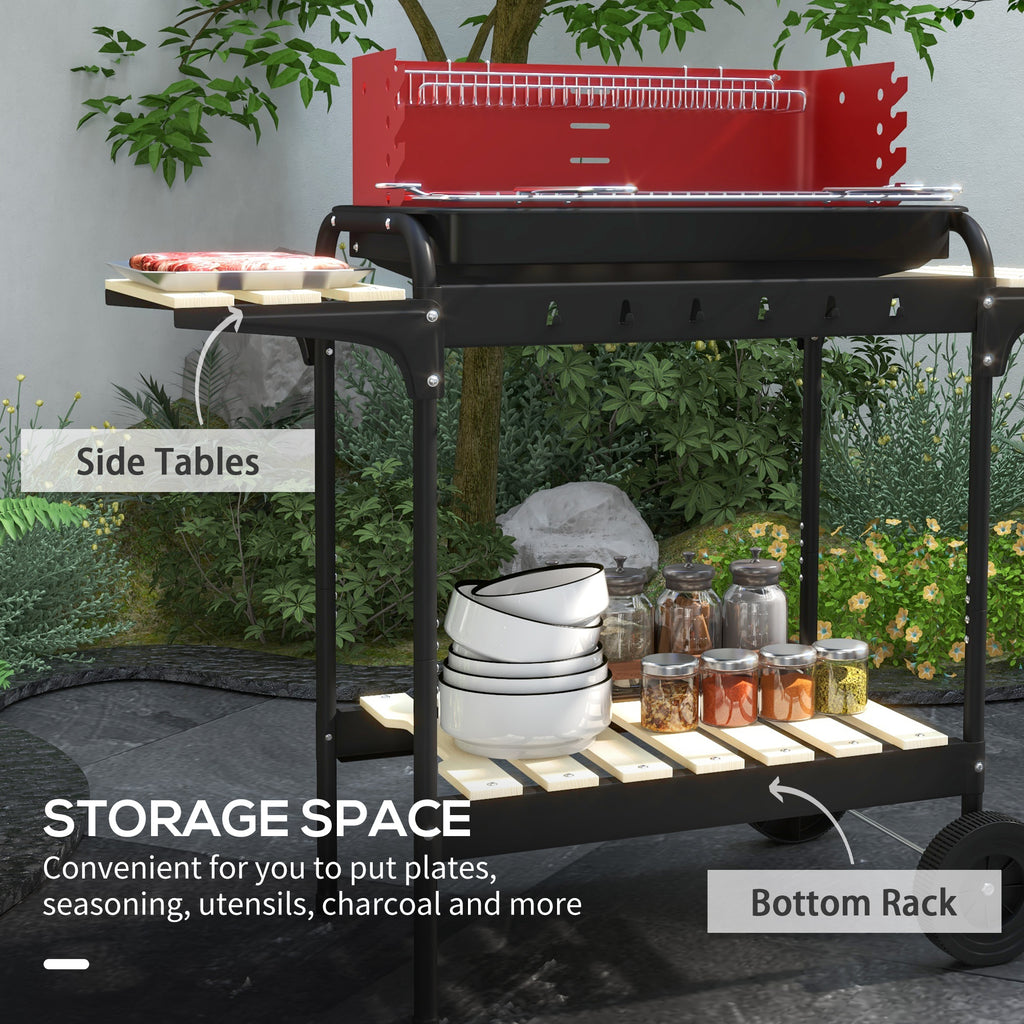Charcoal Barbecue Grill with Adjustable Grill Height, Portable BBQ Trolley with Ash Catcher and Wheels, Red