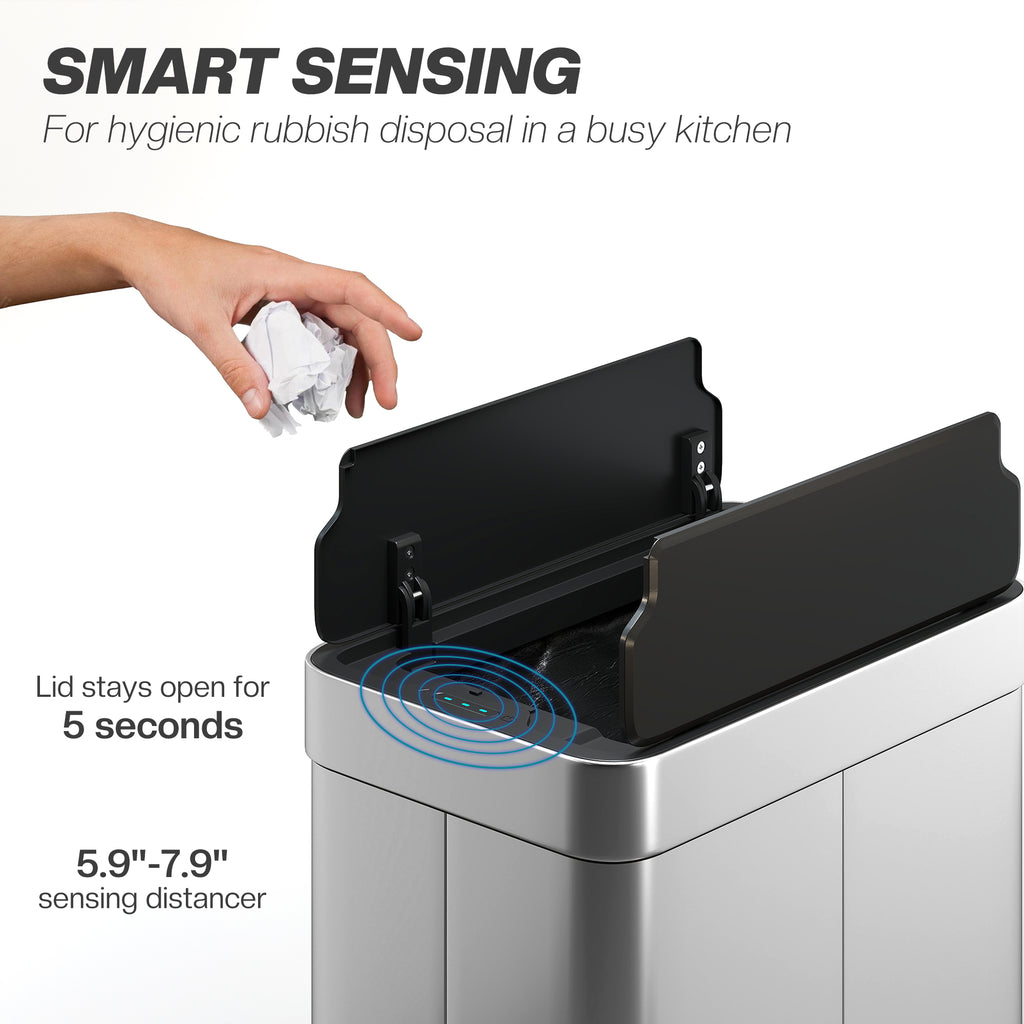 14.5 Gal (55 L) Sensor Can, Garbage Can with Soft-Close Butterfly Lid, Fingerprint-Proof Stainless Steel, Silver