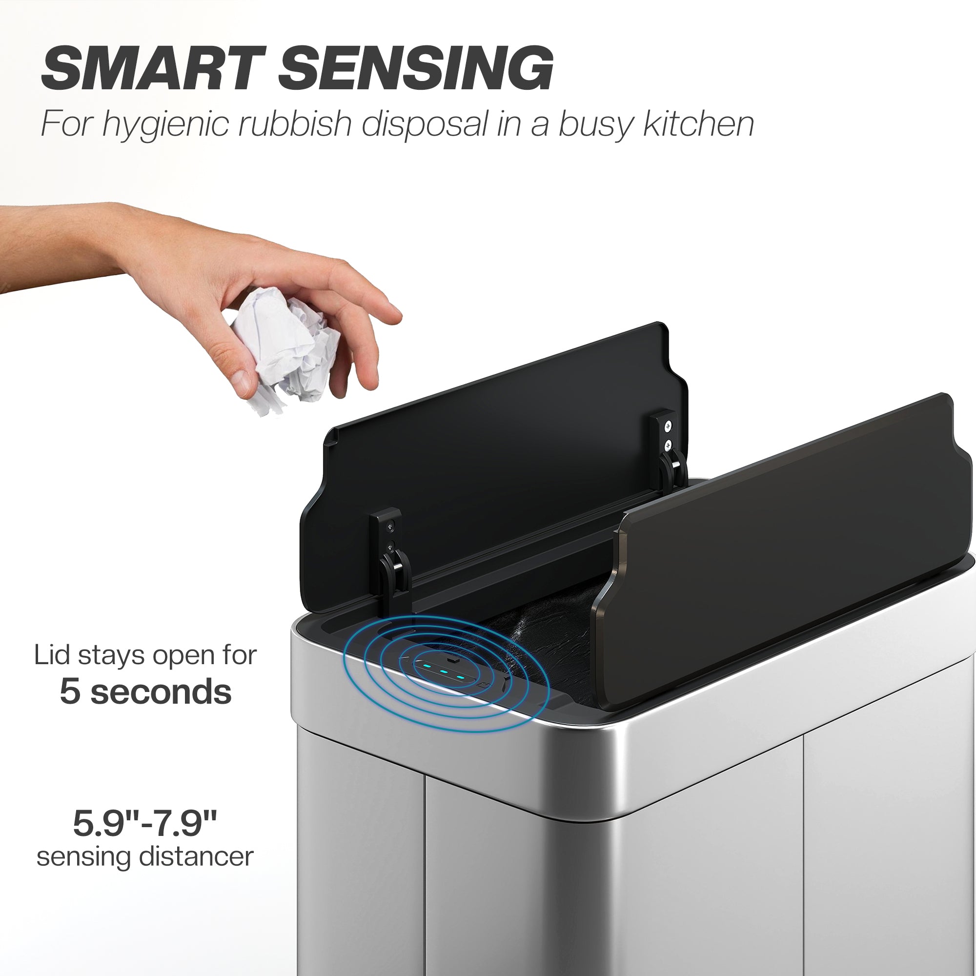 14.5 Gal (55 L) Sensor Can, Garbage Can with Soft-Close Butterfly Lid, Fingerprint-Proof Stainless Steel, Silver