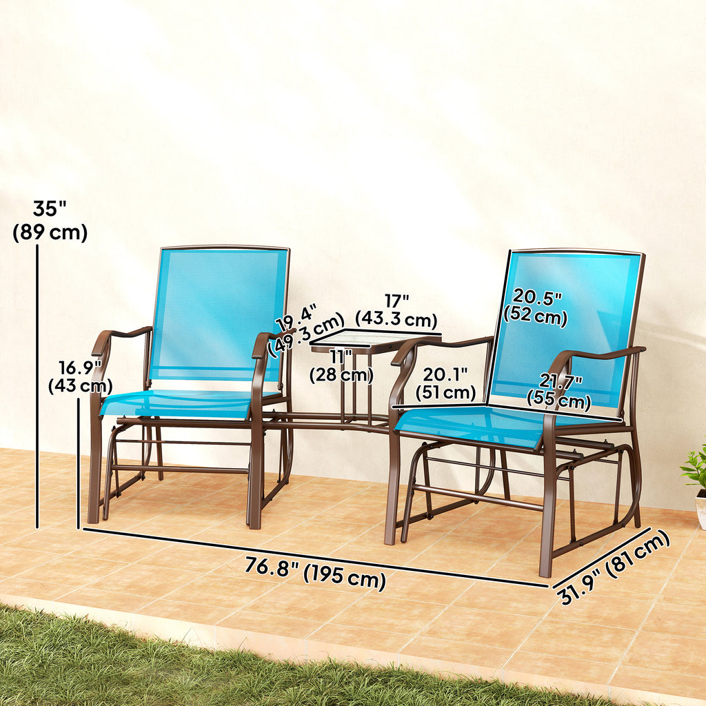 Outdoor Glider Chair with Table, 2-Seat Patio Glider Loveseat with Breathable Mesh Fabric, Blue