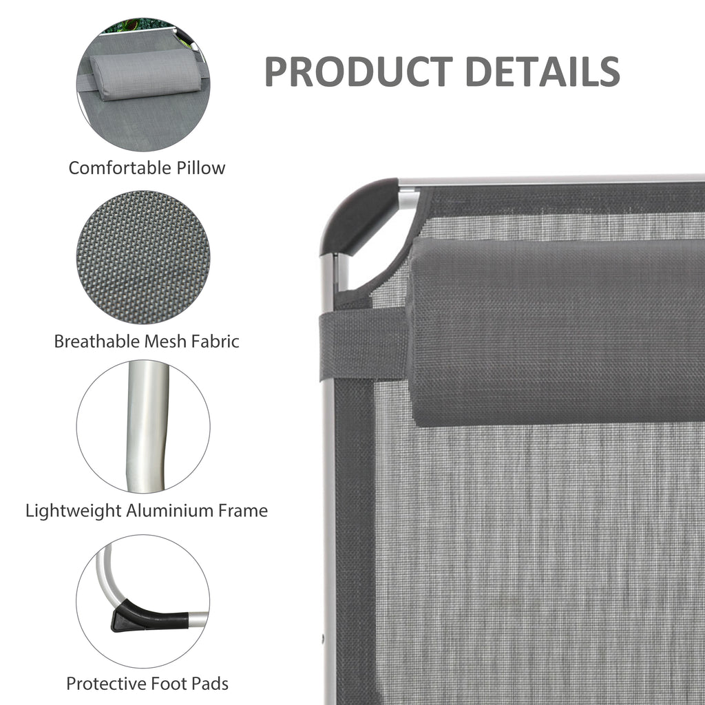 Folding Lounge Chair, Aluminum Frame Tanning Chair, Patio Lounger with Headrest, 5-Level Adjustable Backrest, Grey
