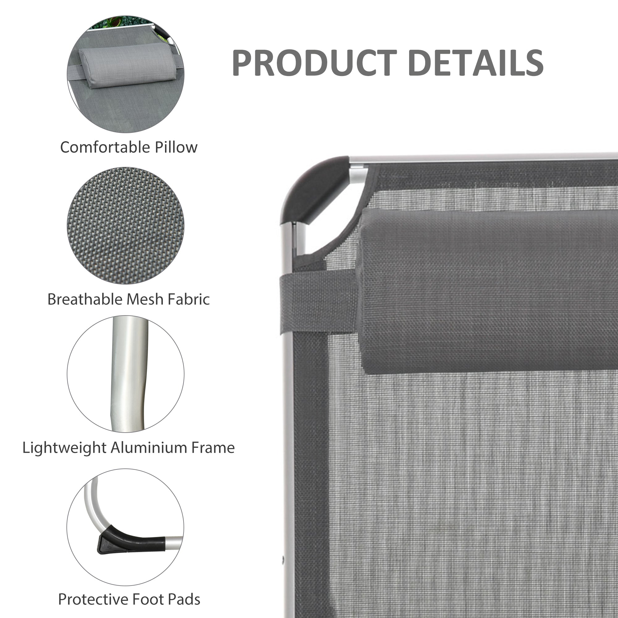 Folding Lounge Chair, Aluminum Frame Tanning Chair, Patio Lounger with Headrest, 5-Level Adjustable Backrest, Grey
