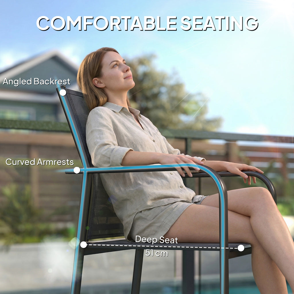 Stackable Patio Chairs Set of 4, Outdoor Dining Chairs with 20" Deep Seat, All Weather Breathable Mesh, Armrests, Black