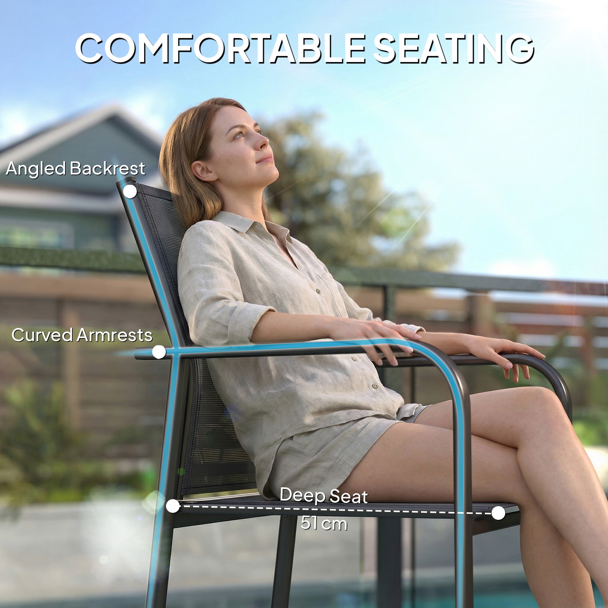 Stackable Patio Chairs Set of 4, Outdoor Dining Chairs with 20" Deep Seat, All Weather Breathable Mesh, Armrests, Black