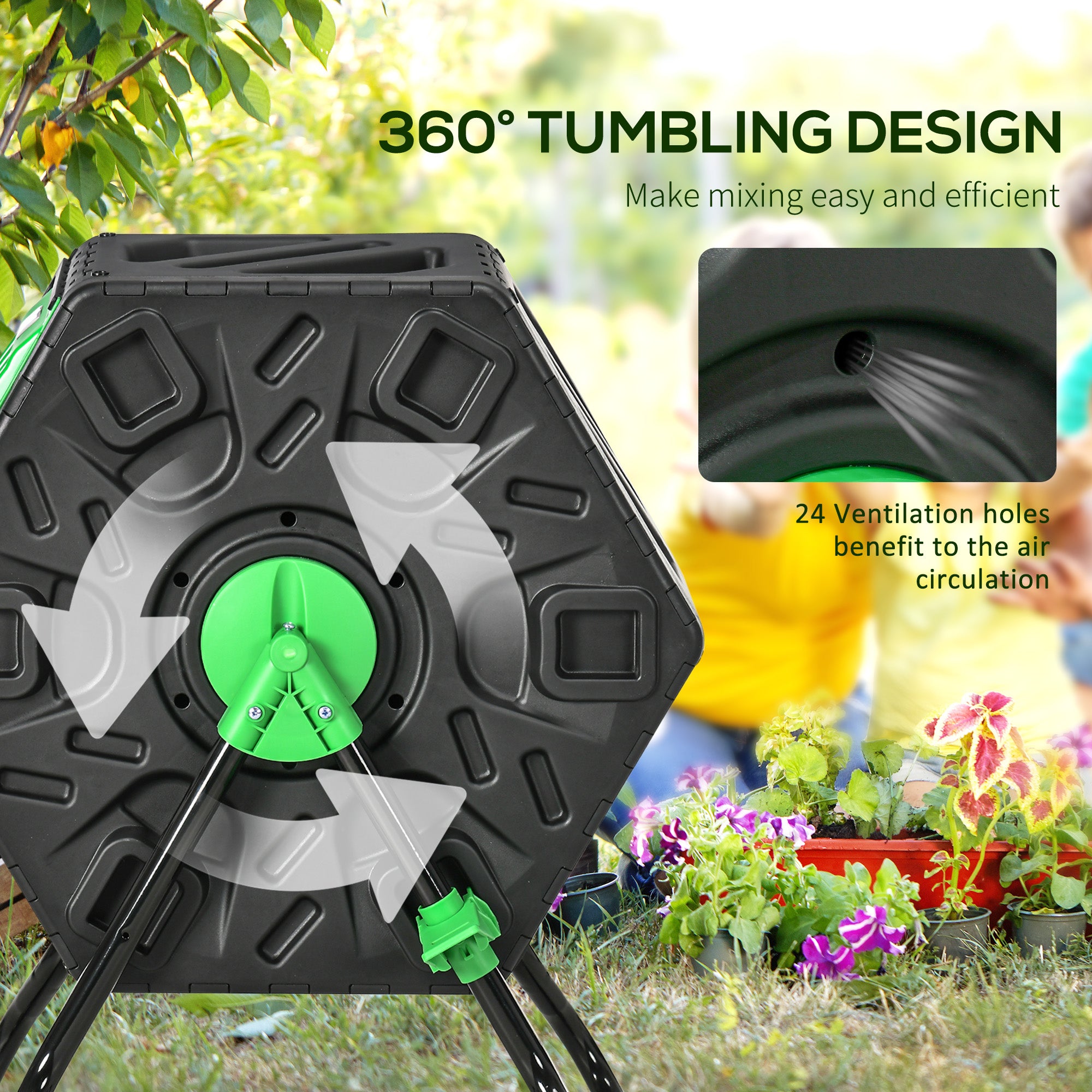 Rotating Composter, Compost Bin with 24 Vents and Steel Legs, 17 Gallon, Green